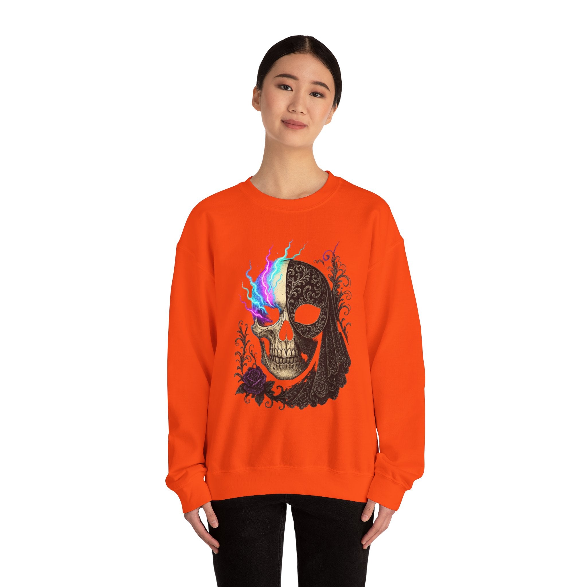 Halloween Sweatshirt – Gothic Neon Masked Illusion