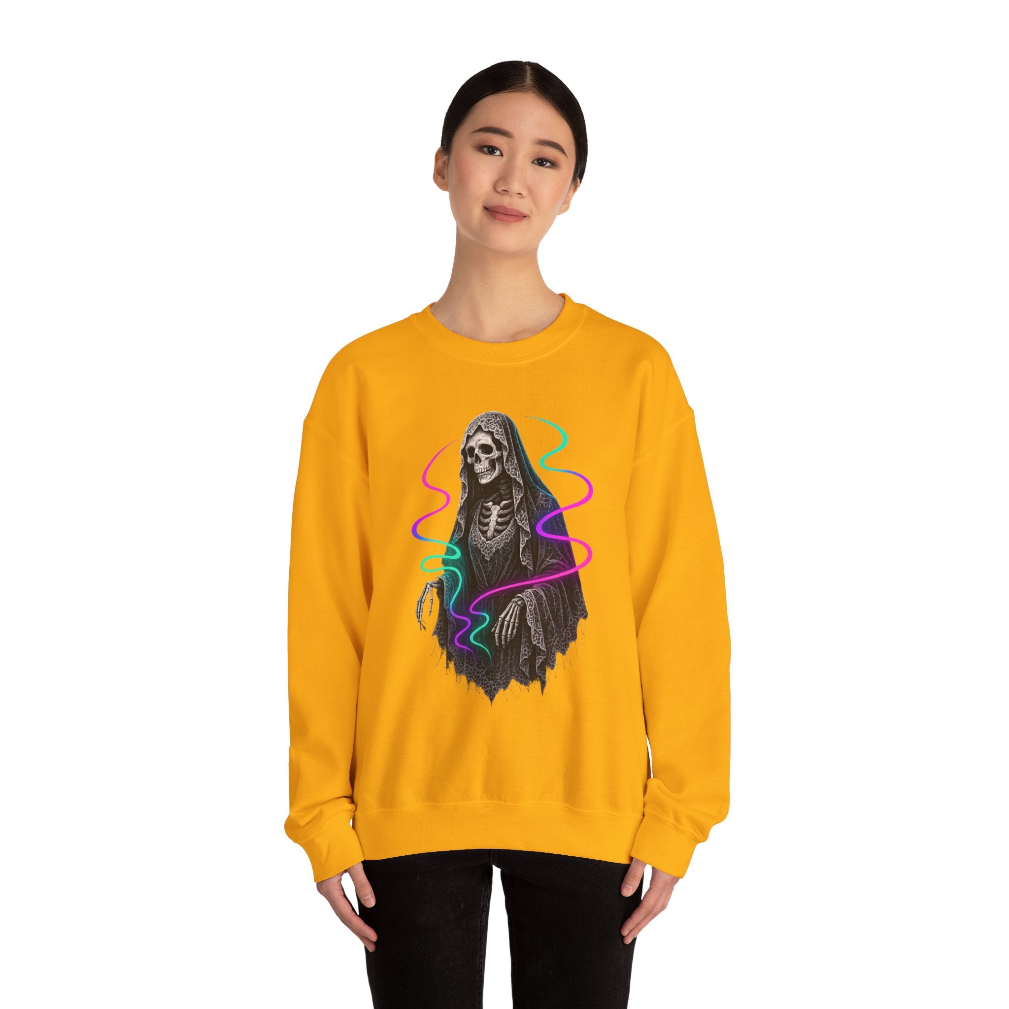 Neon Lace-Cloaked Skeleton Halloween Sweatshirt