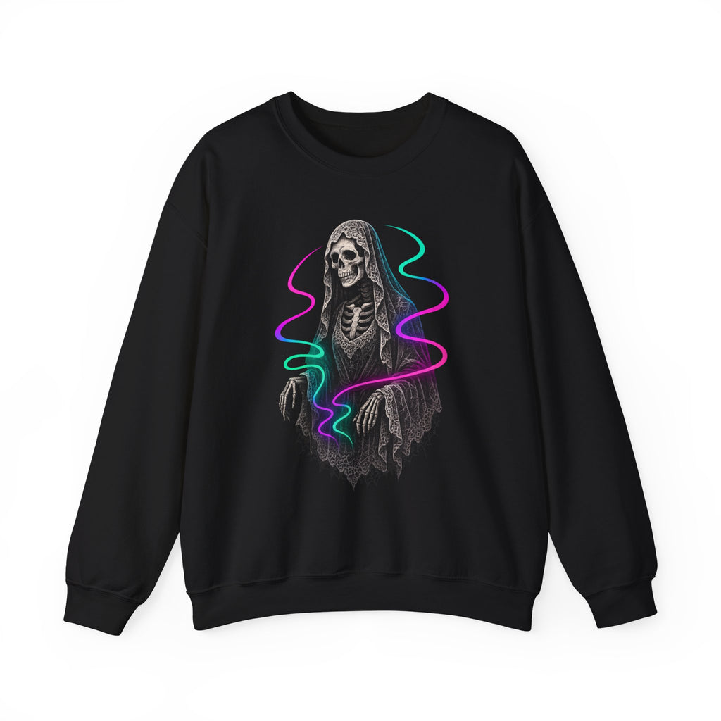 Neon Lace-Cloaked Skeleton Halloween Sweatshirt
