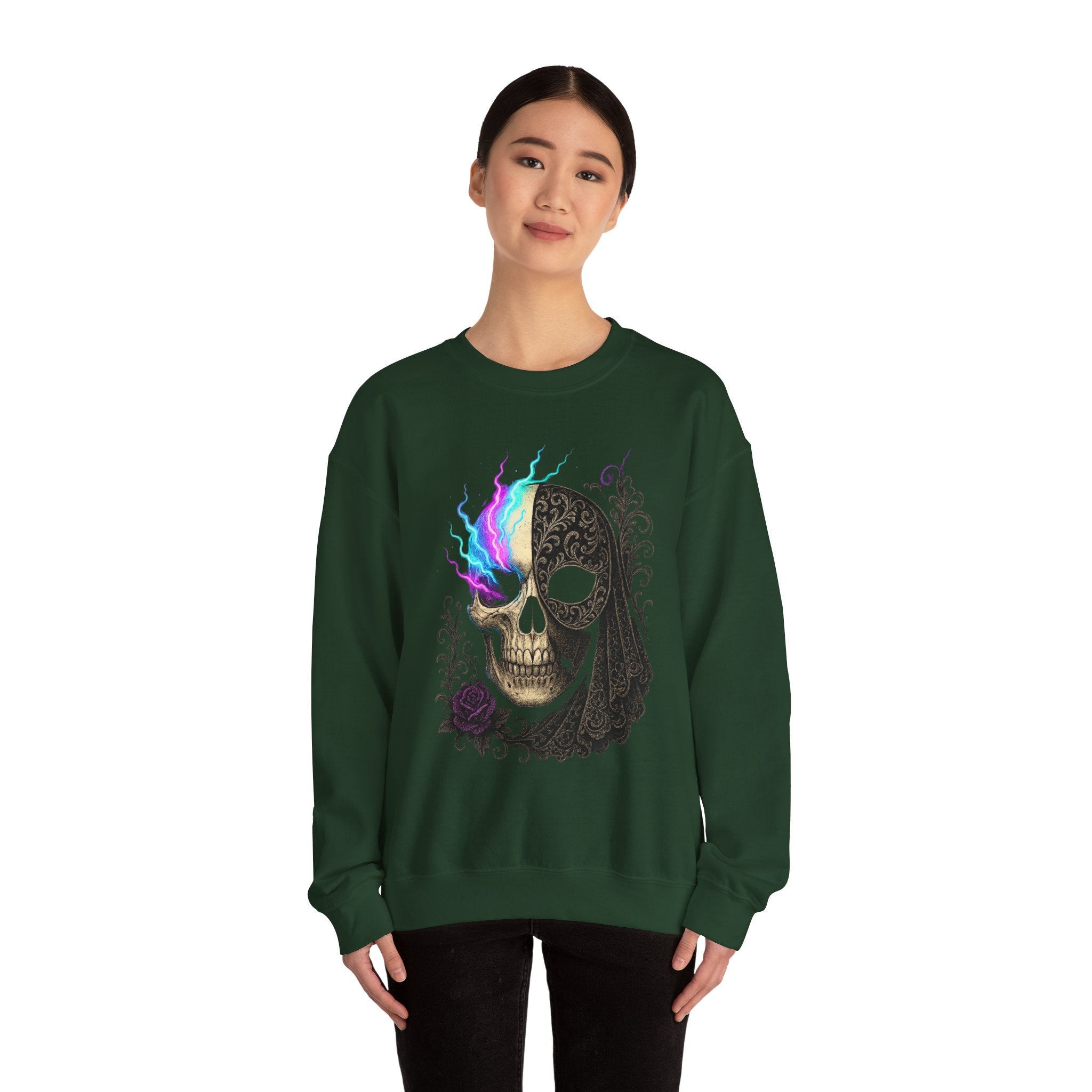 Halloween Sweatshirt – Gothic Neon Masked Illusion