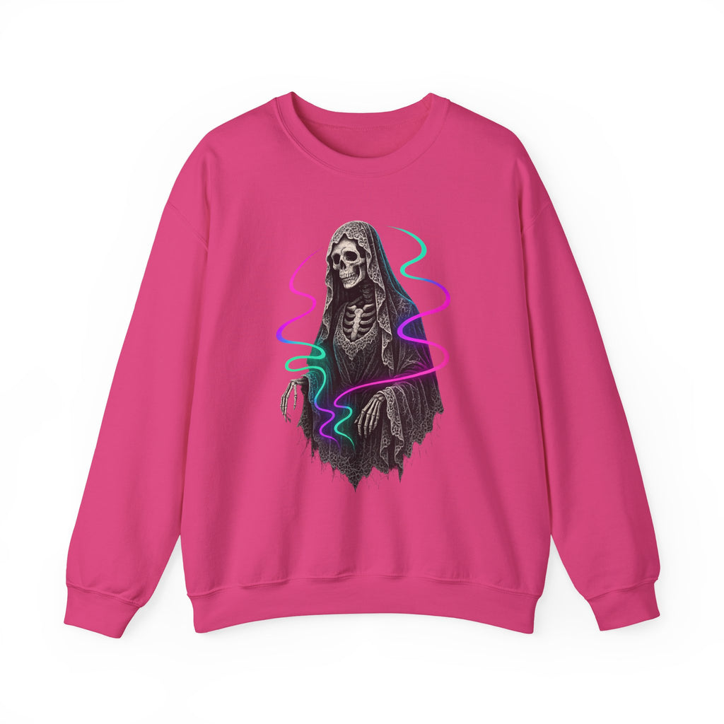 Neon Lace-Cloaked Skeleton Halloween Sweatshirt