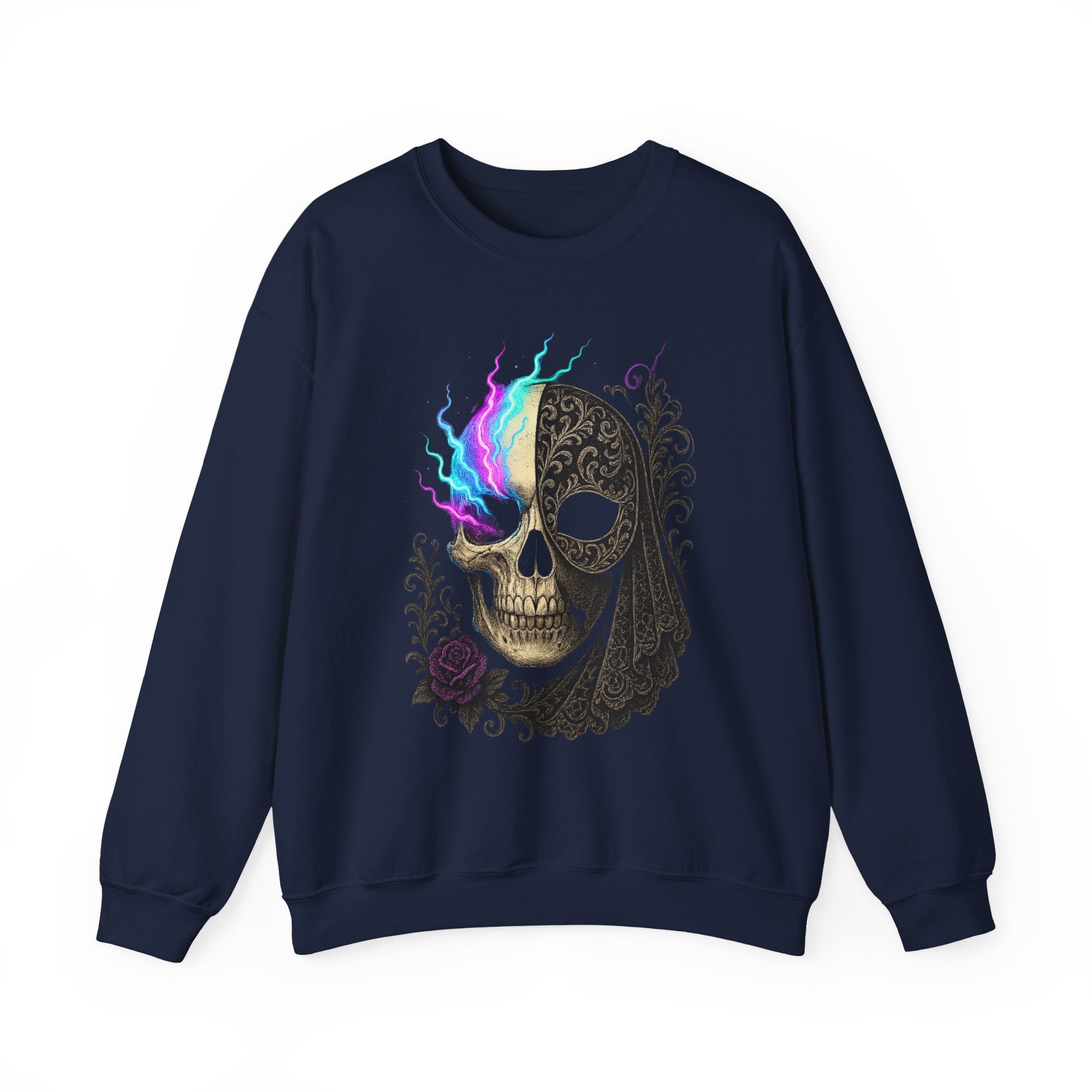 Halloween Sweatshirt – Gothic Neon Masked Illusion