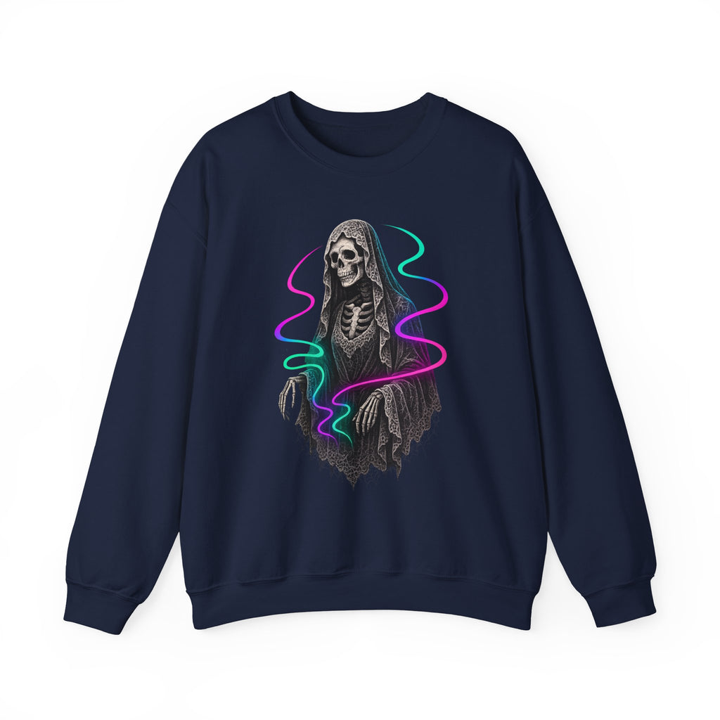 Neon Lace-Cloaked Skeleton Halloween Sweatshirt