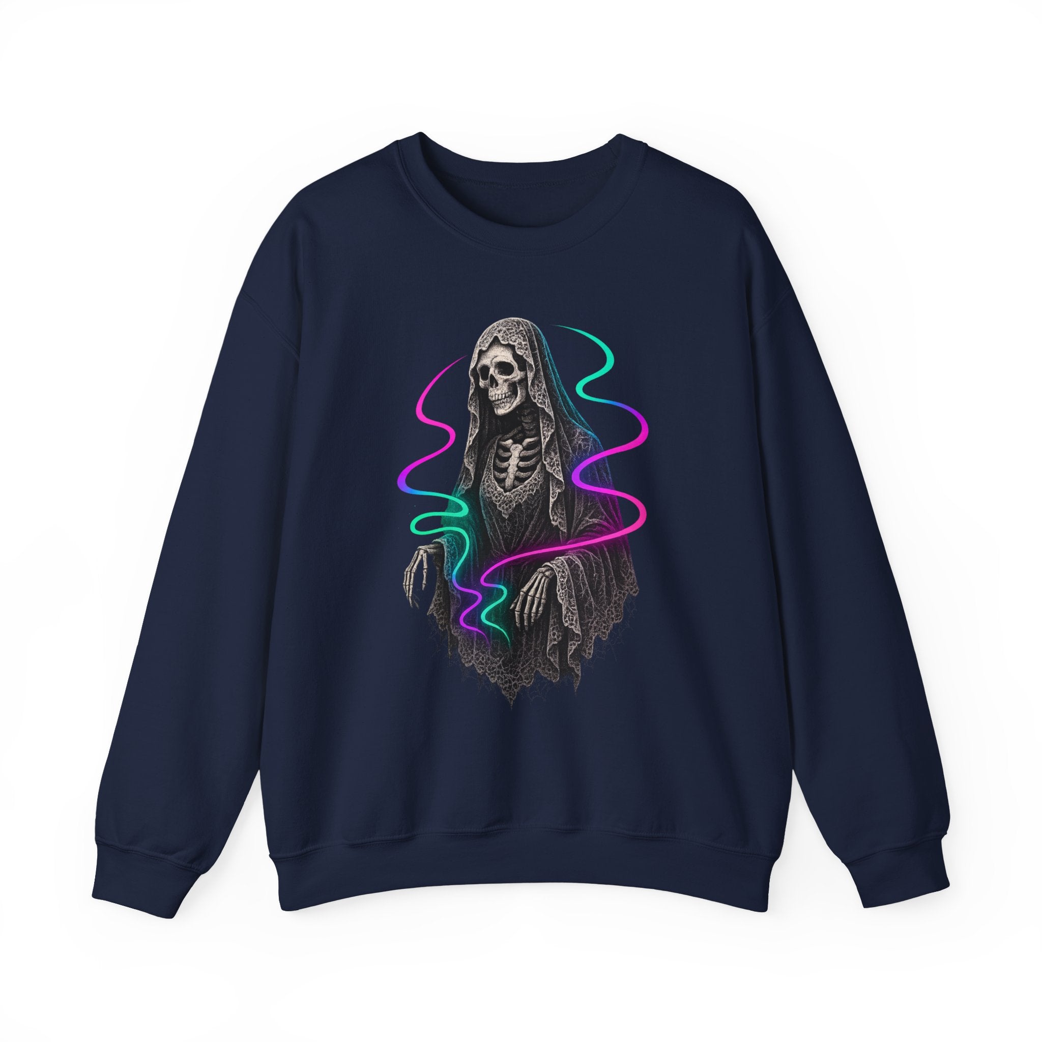 Neon Lace-Cloaked Skeleton Halloween Sweatshirt