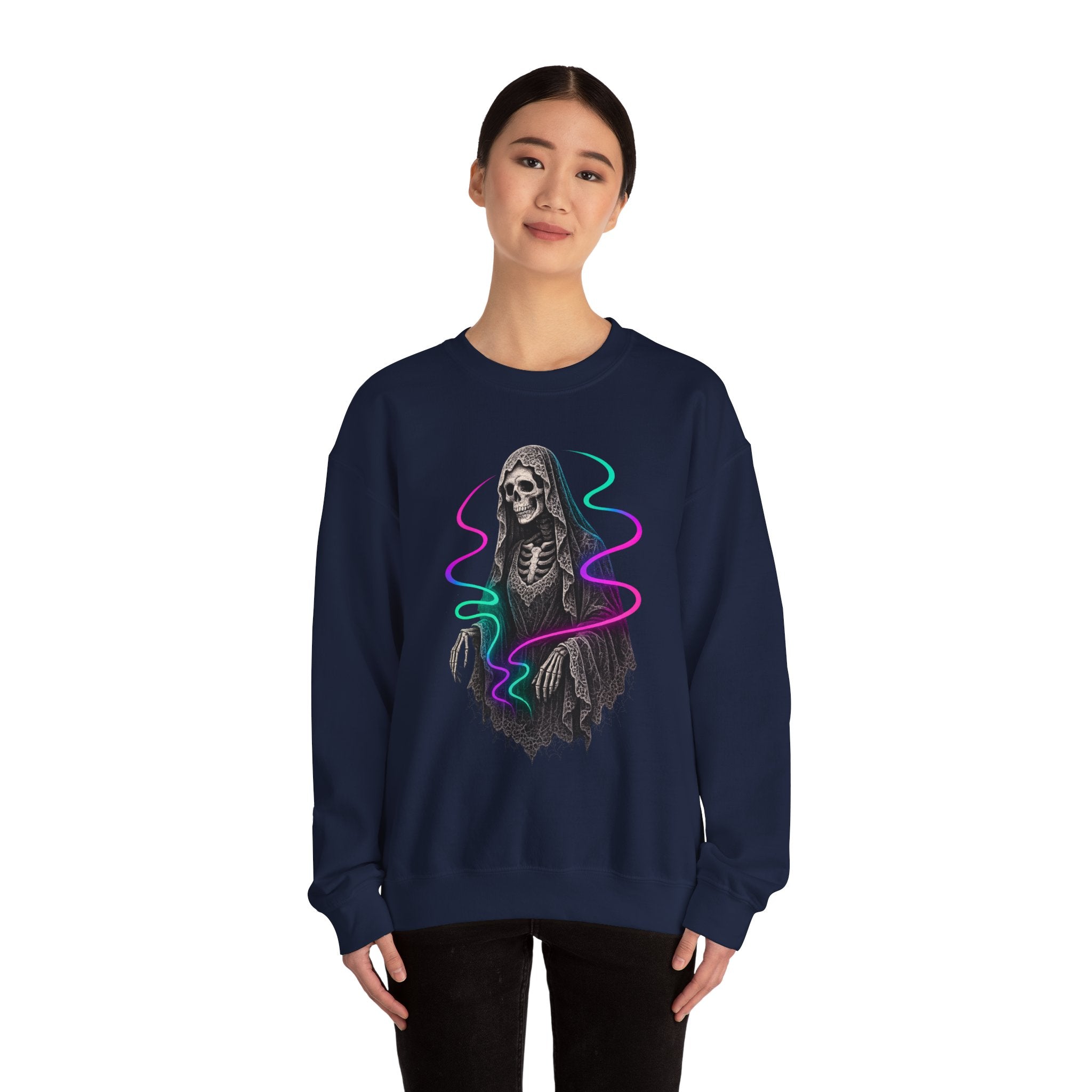 Neon Lace-Cloaked Skeleton Halloween Sweatshirt