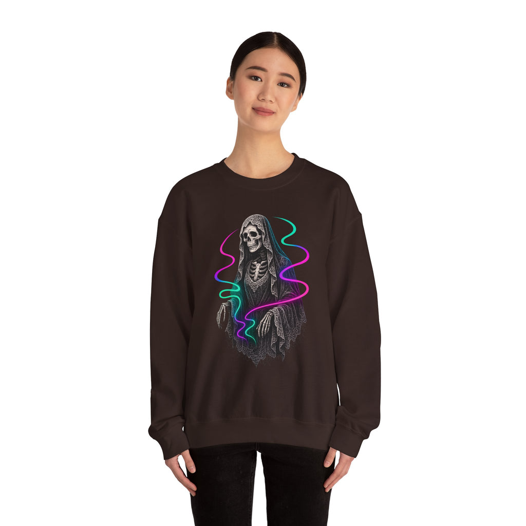 Neon Lace-Cloaked Skeleton Halloween Sweatshirt