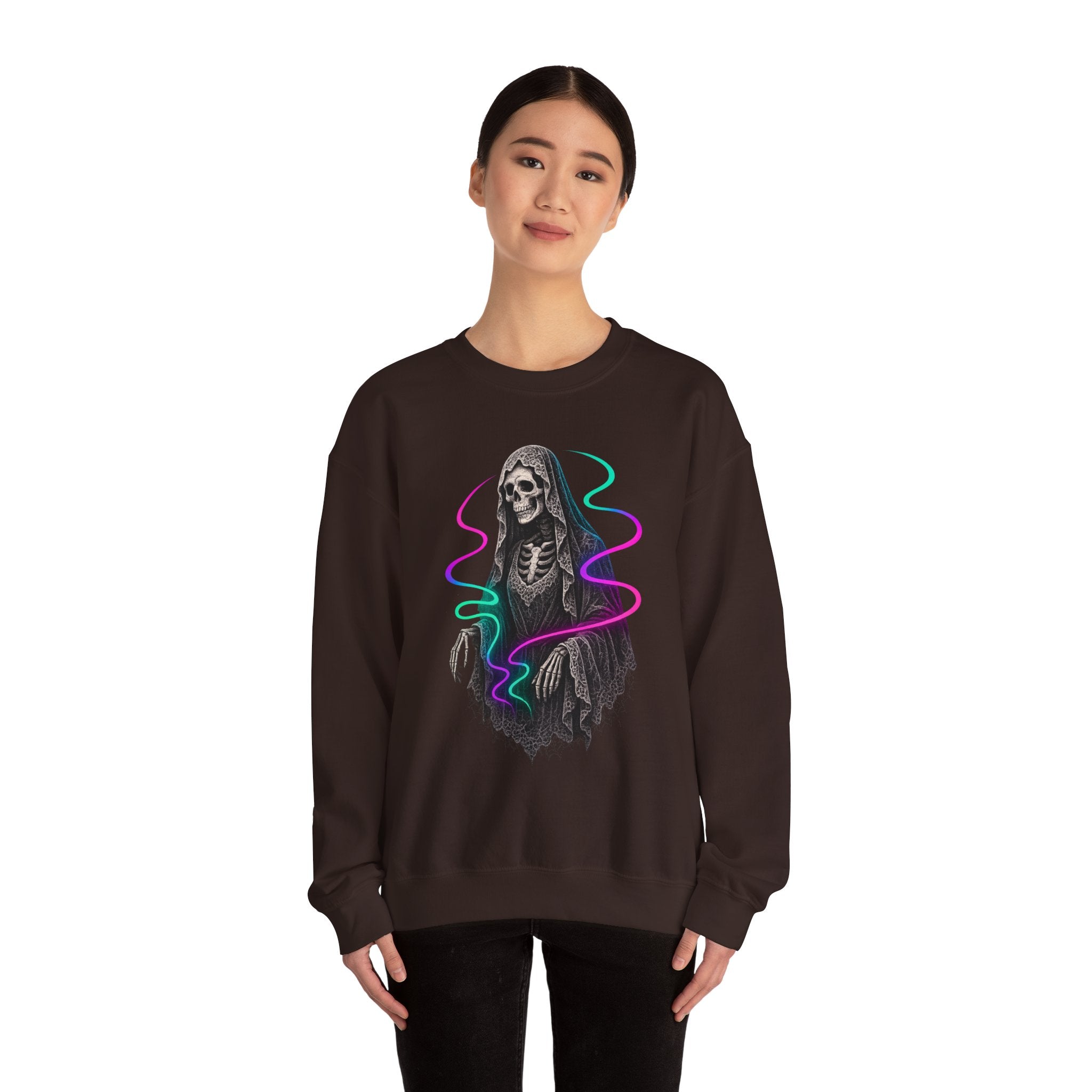 Neon Lace-Cloaked Skeleton Halloween Sweatshirt