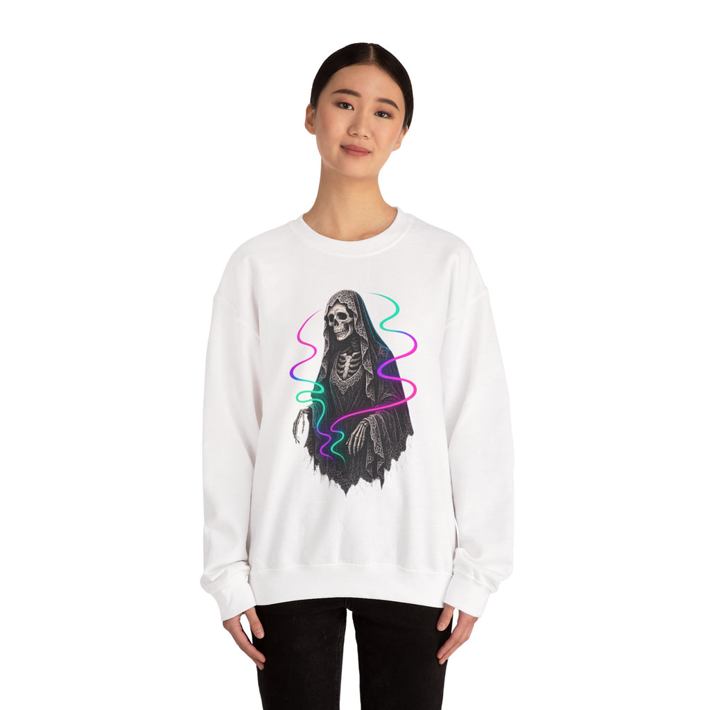 Neon Lace-Cloaked Skeleton Halloween Sweatshirt