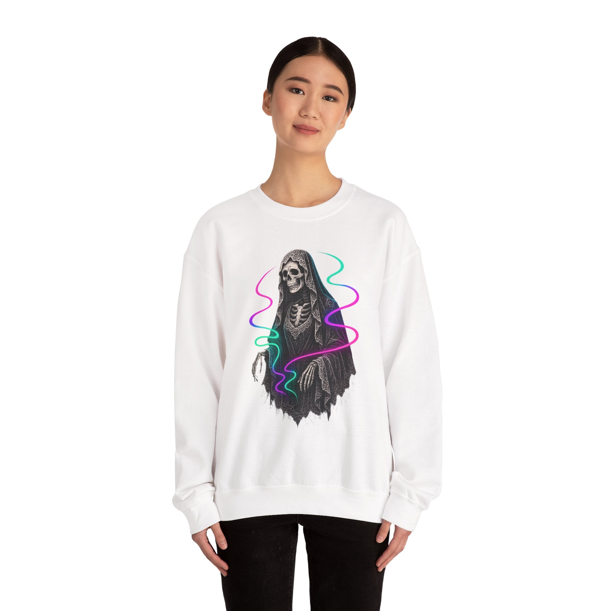 Neon Lace-Cloaked Skeleton Halloween Sweatshirt