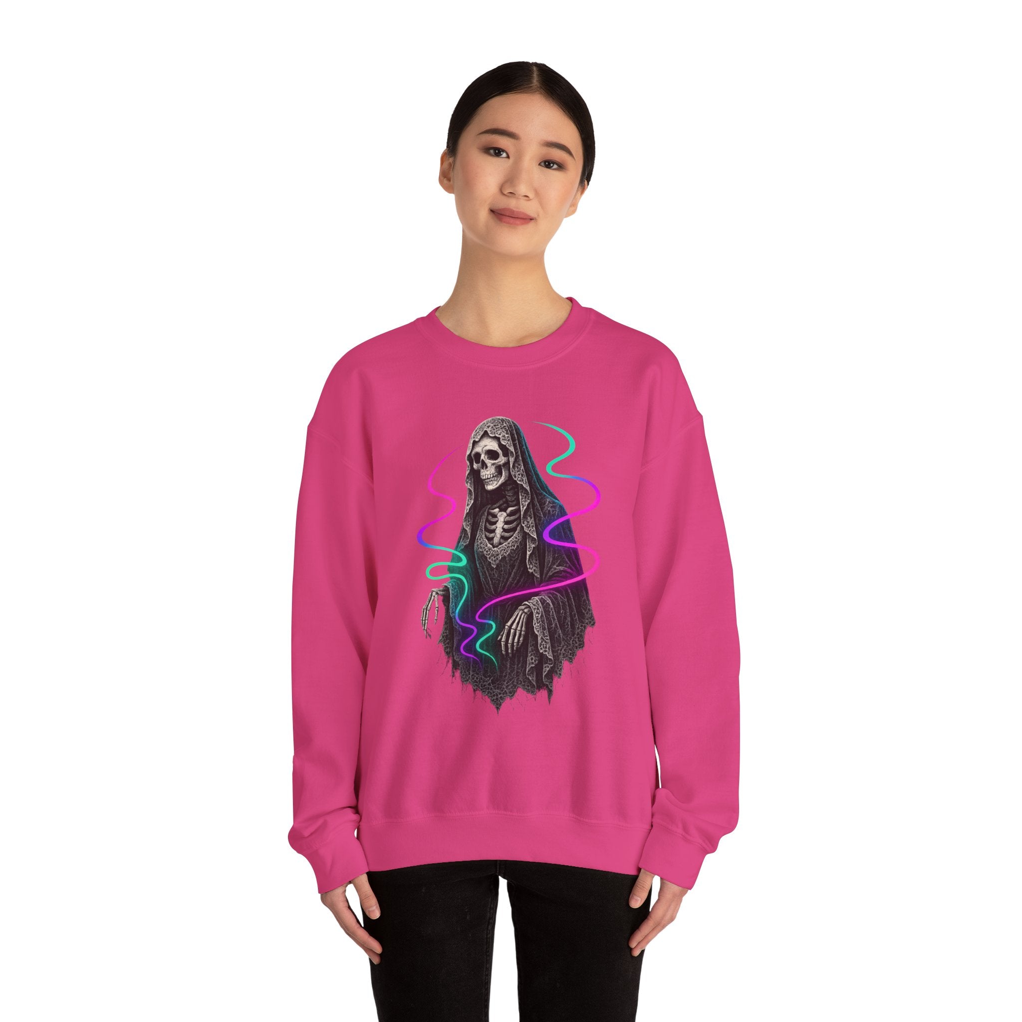 Neon Lace-Cloaked Skeleton Halloween Sweatshirt