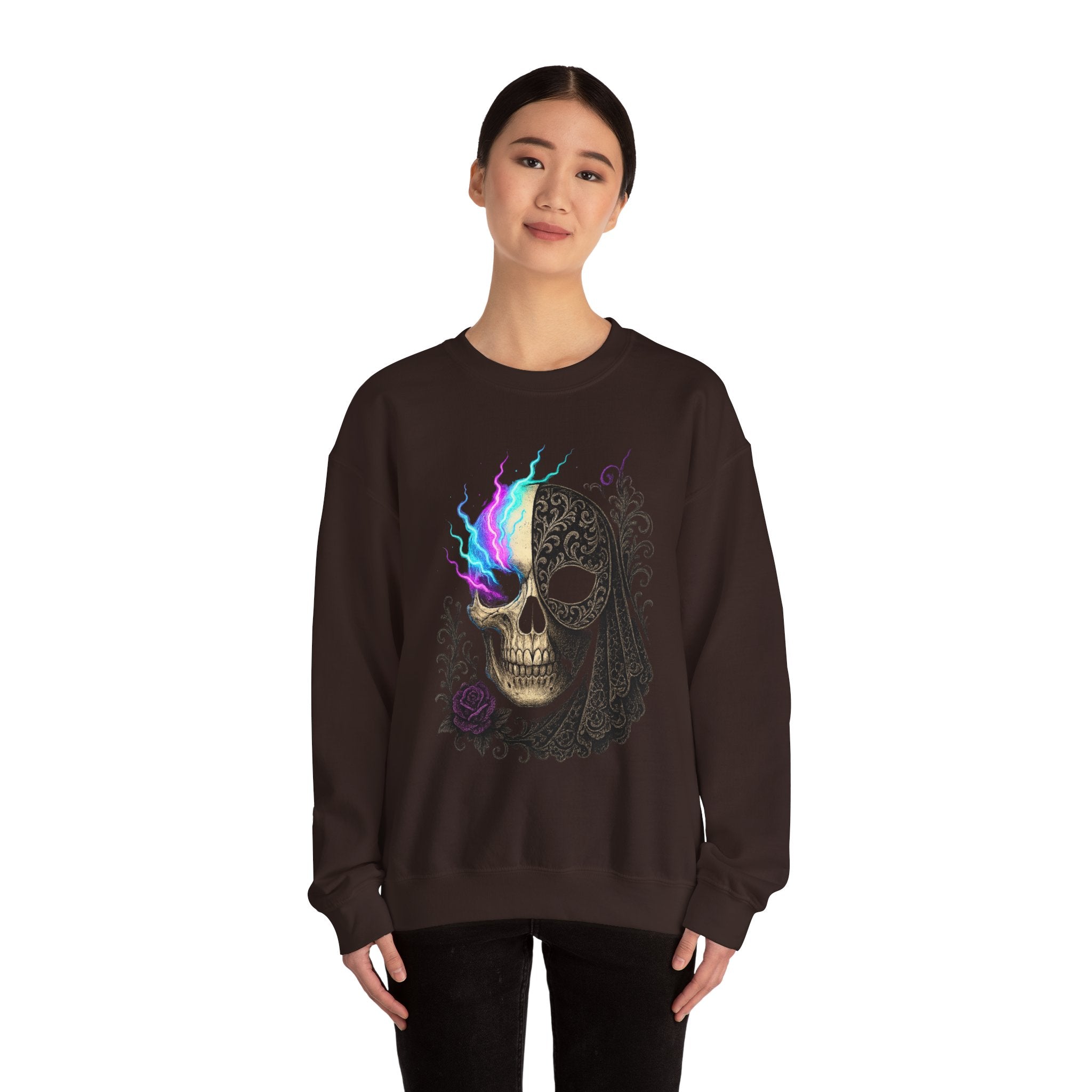 Halloween Sweatshirt – Gothic Neon Masked Illusion