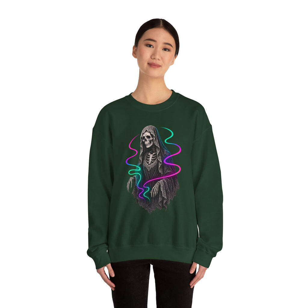 Neon Lace-Cloaked Skeleton Halloween Sweatshirt