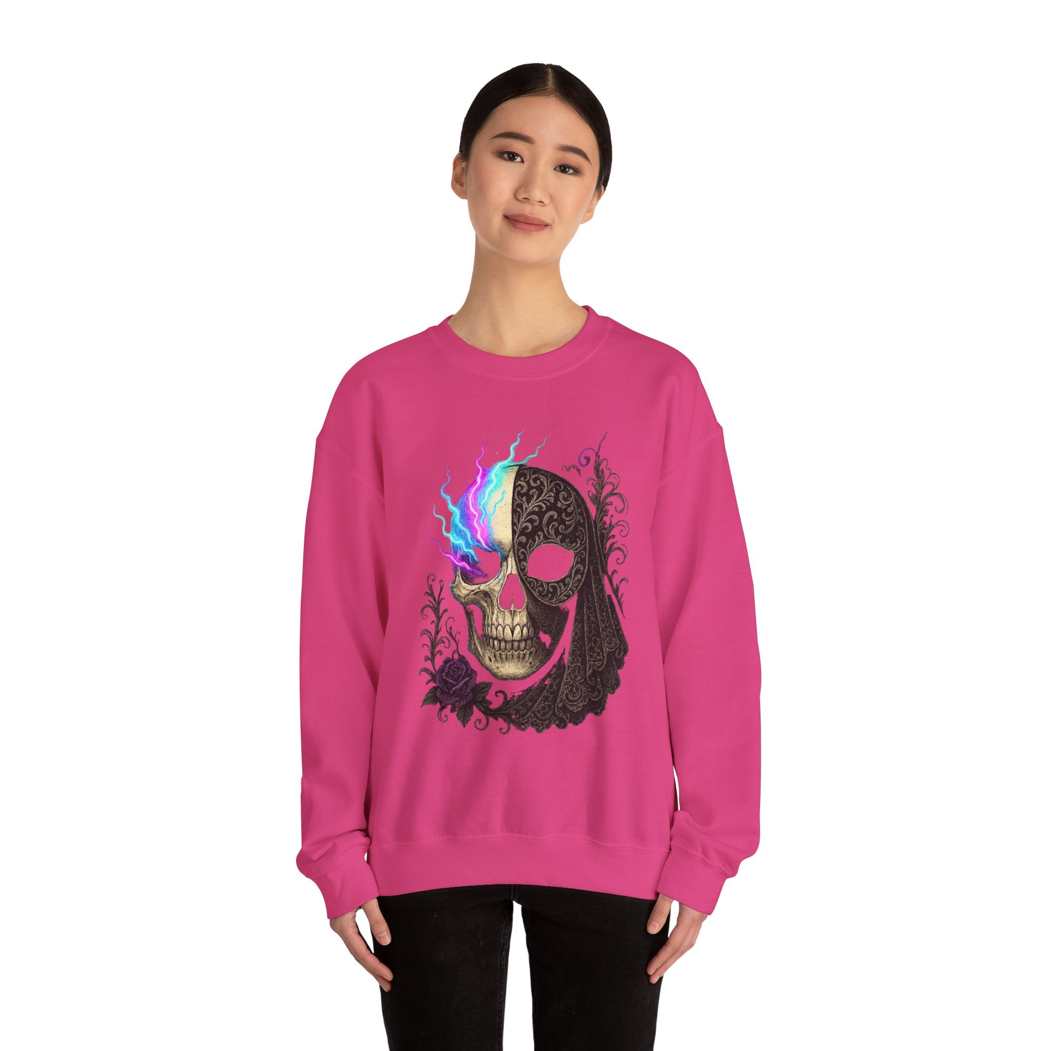 Halloween Sweatshirt – Gothic Neon Masked Illusion
