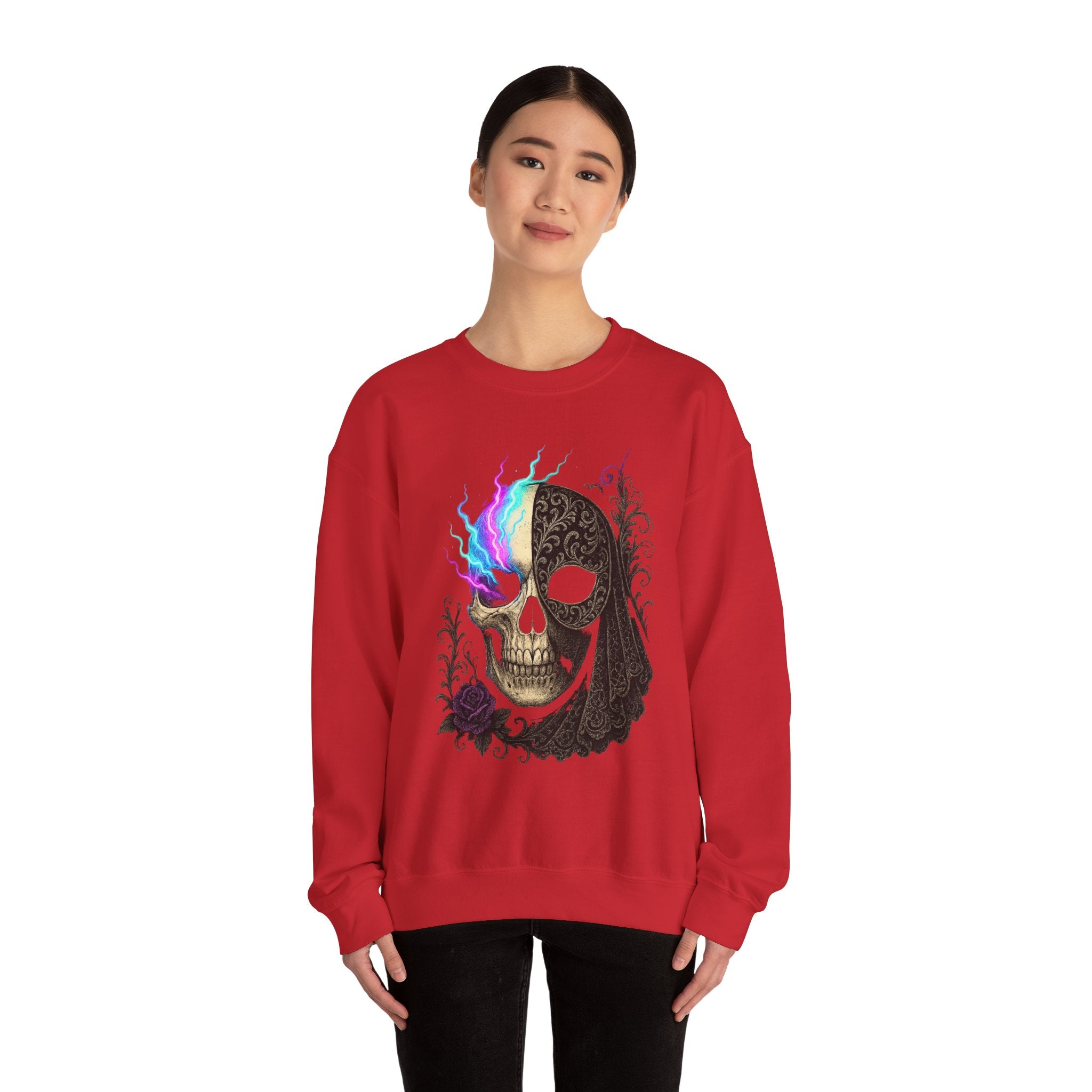 Halloween Sweatshirt – Gothic Neon Masked Illusion