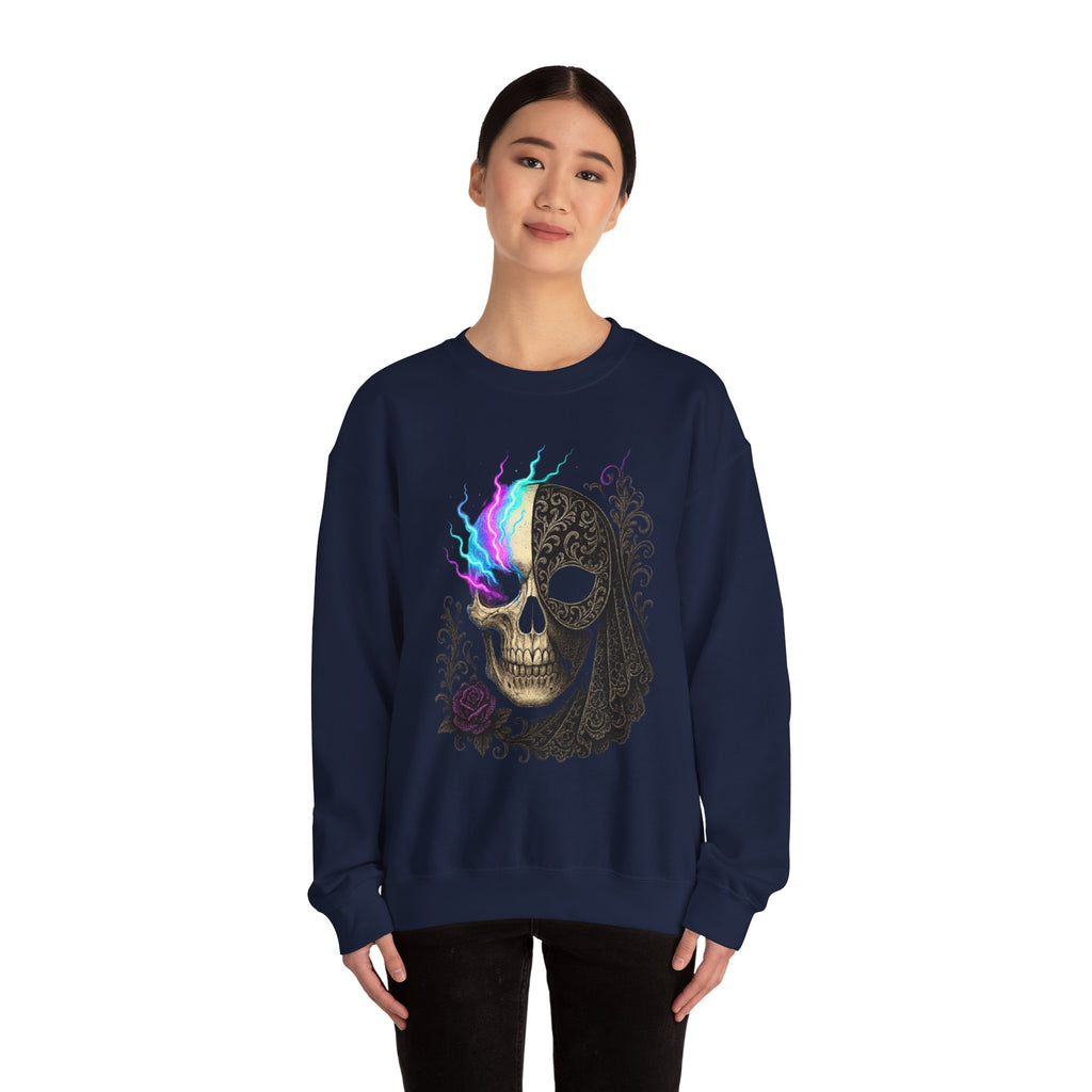 Halloween Sweatshirt – Gothic Neon Masked Illusion