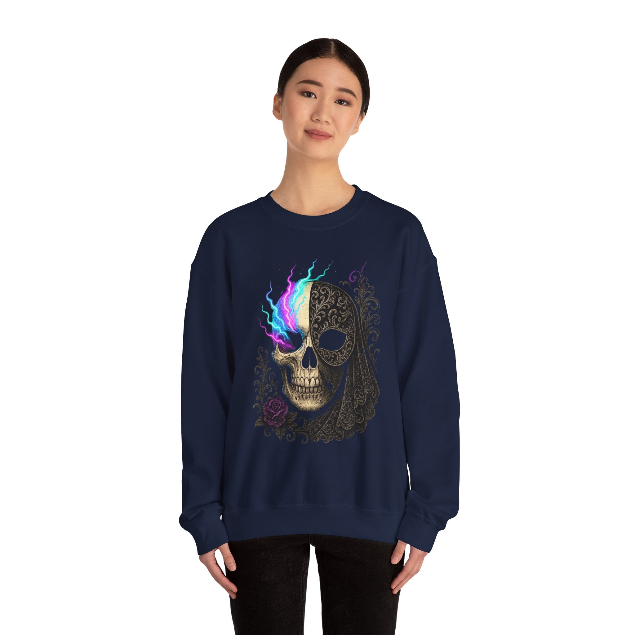 Halloween Sweatshirt – Gothic Neon Masked Illusion