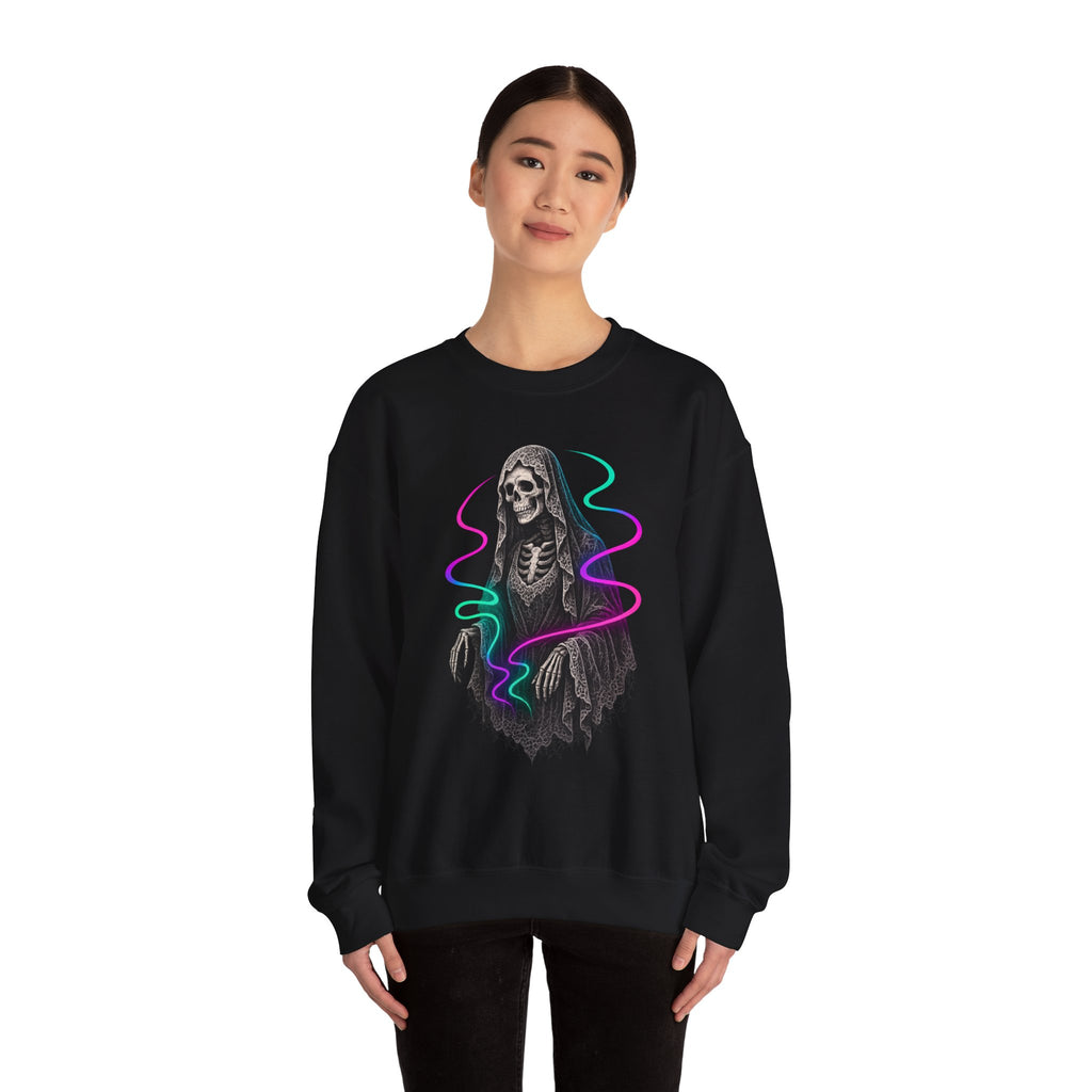 Neon Lace-Cloaked Skeleton Halloween Sweatshirt