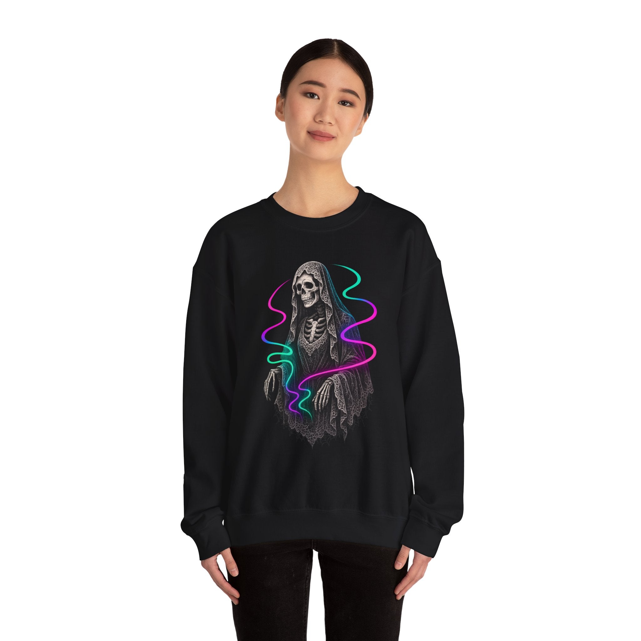 Neon Lace-Cloaked Skeleton Halloween Sweatshirt
