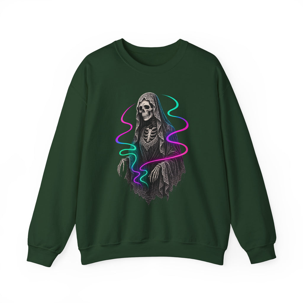 Neon Lace-Cloaked Skeleton Halloween Sweatshirt
