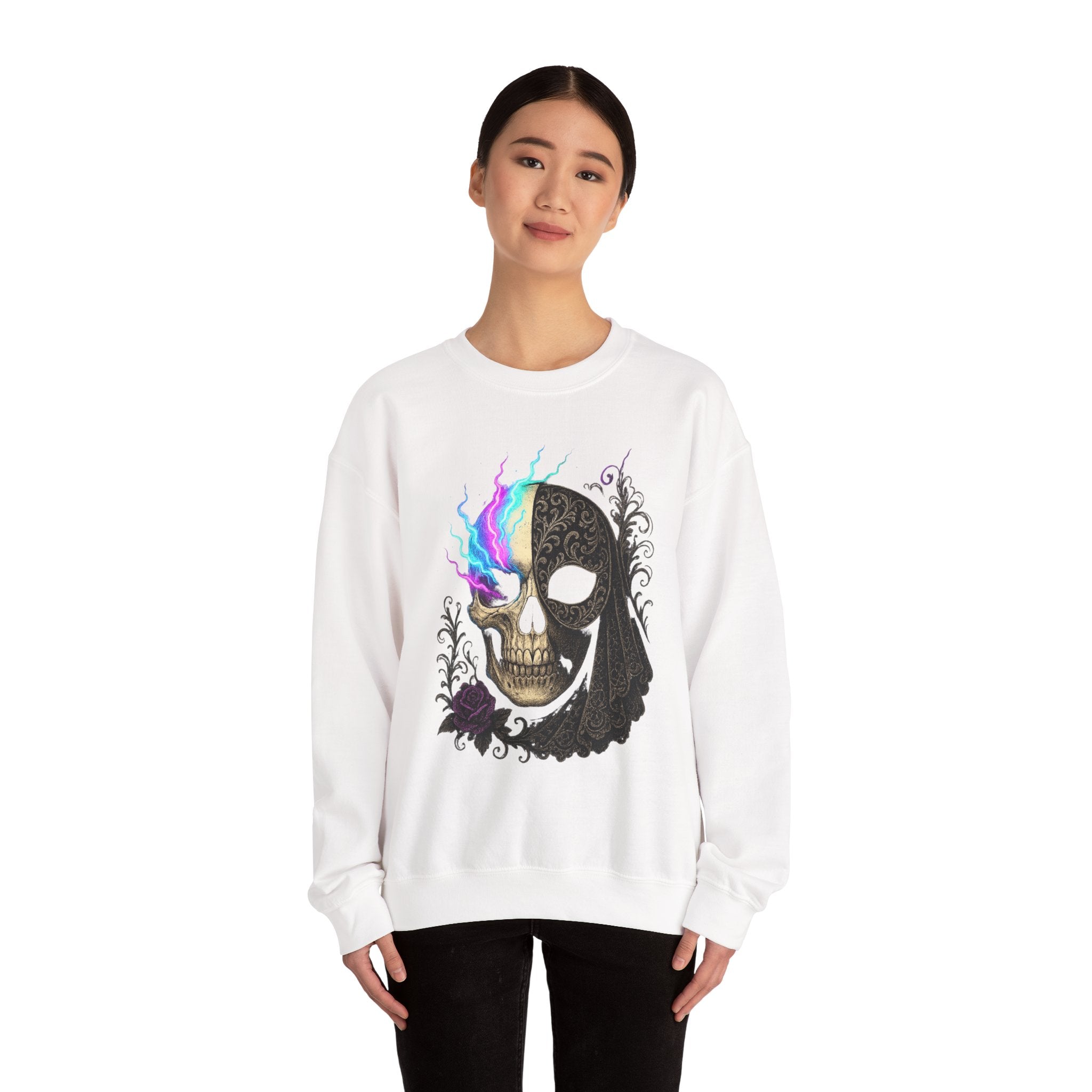 Halloween Sweatshirt – Gothic Neon Masked Illusion