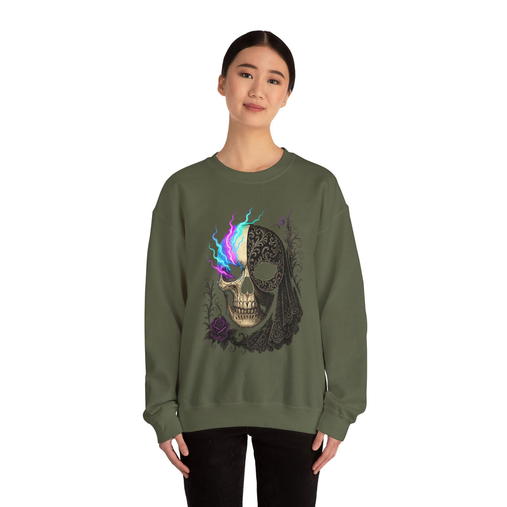 Halloween Sweatshirt – Gothic Neon Masked Illusion