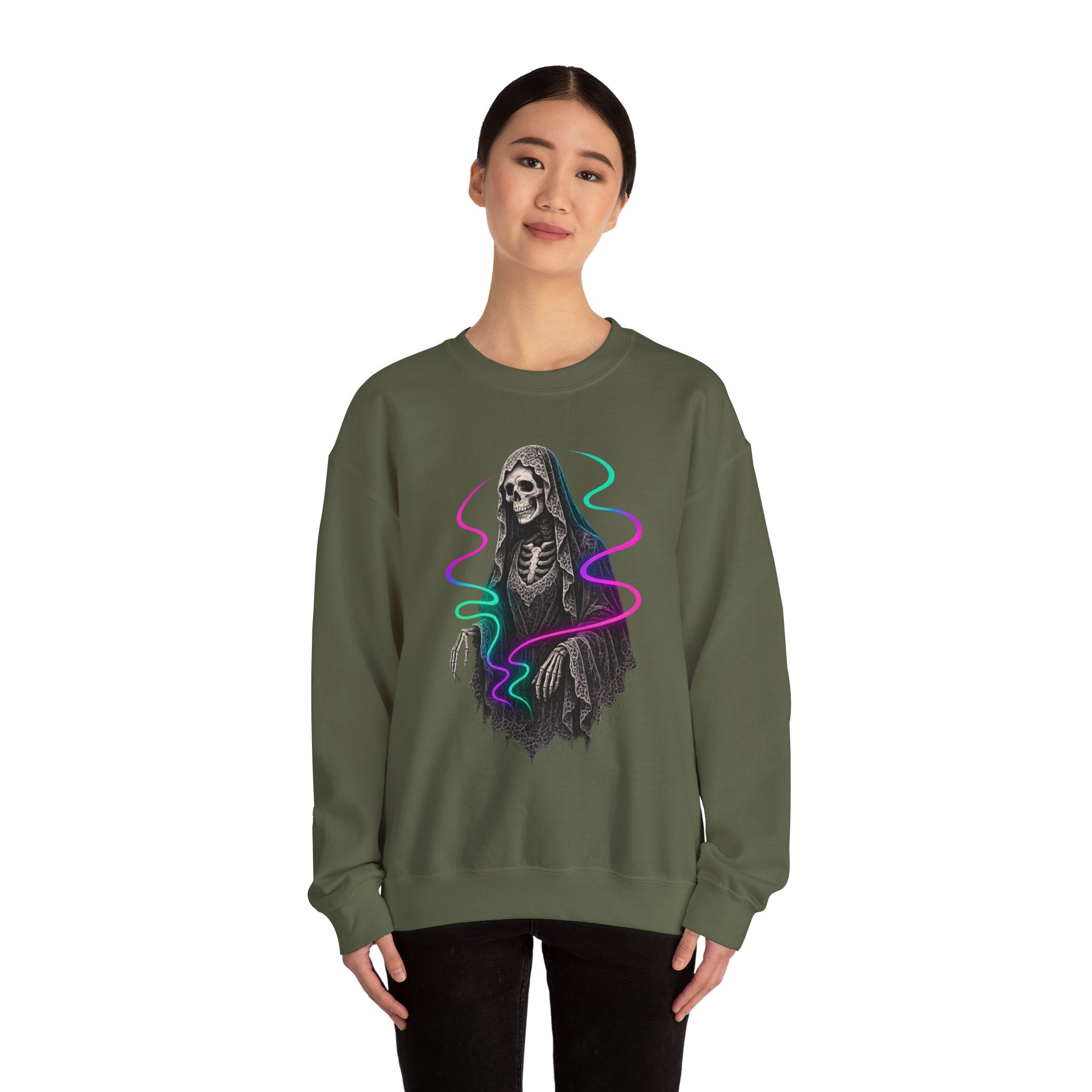 Neon Lace-Cloaked Skeleton Halloween Sweatshirt