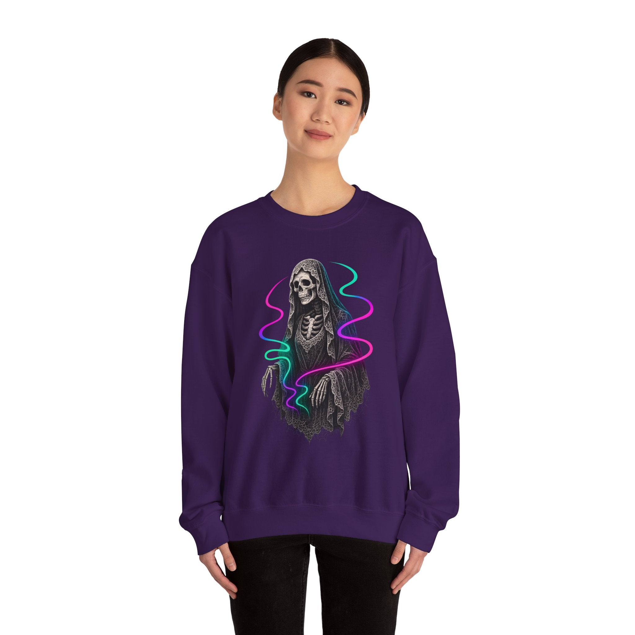 Neon Lace-Cloaked Skeleton Halloween Sweatshirt