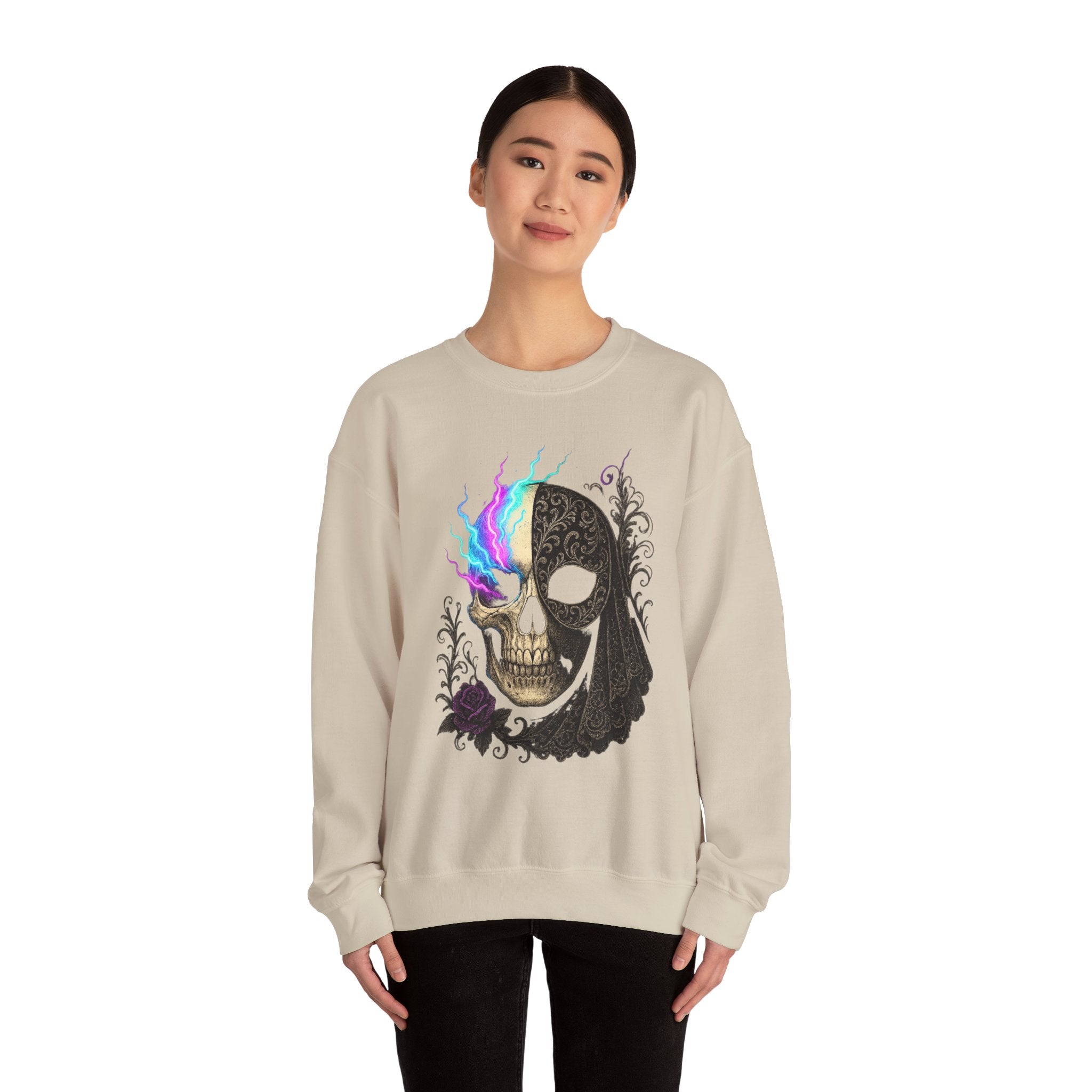 Halloween Sweatshirt – Gothic Neon Masked Illusion