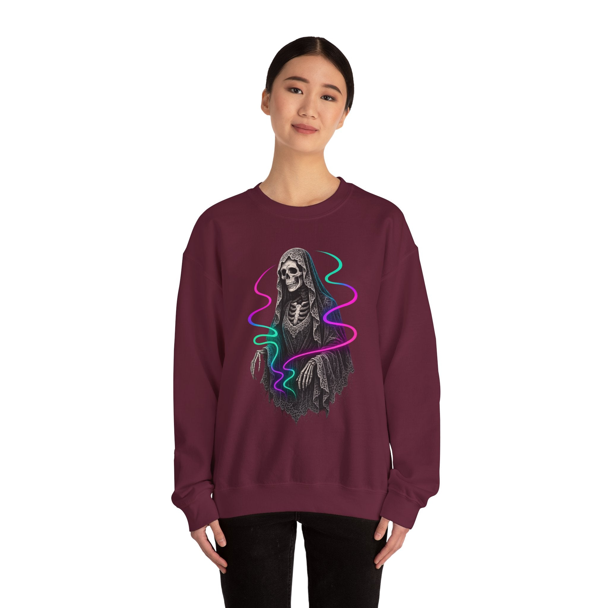 Neon Lace-Cloaked Skeleton Halloween Sweatshirt