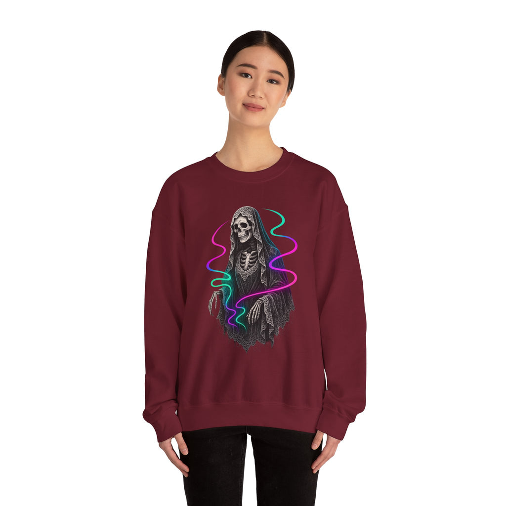 Neon Lace-Cloaked Skeleton Halloween Sweatshirt