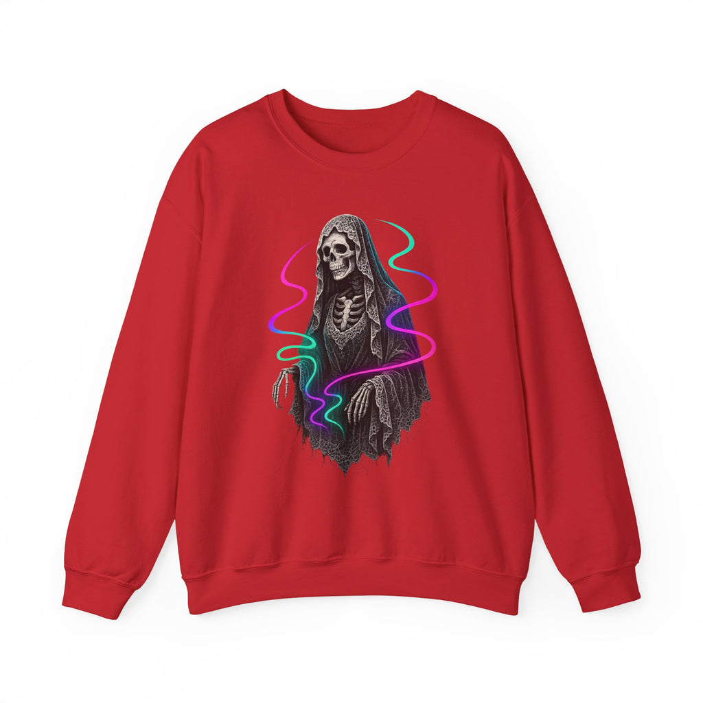 Neon Lace-Cloaked Skeleton Halloween Sweatshirt