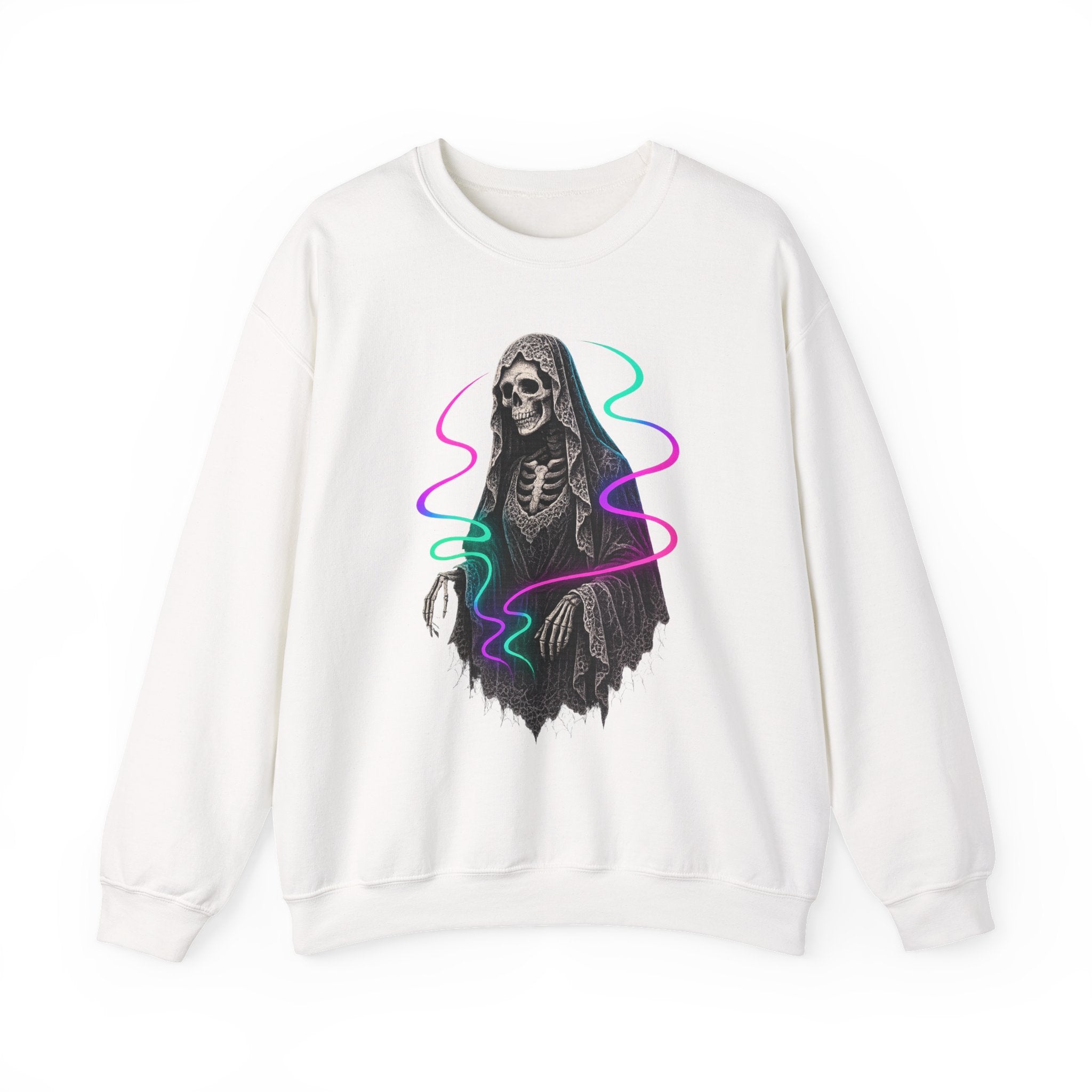 Neon Lace-Cloaked Skeleton Halloween Sweatshirt