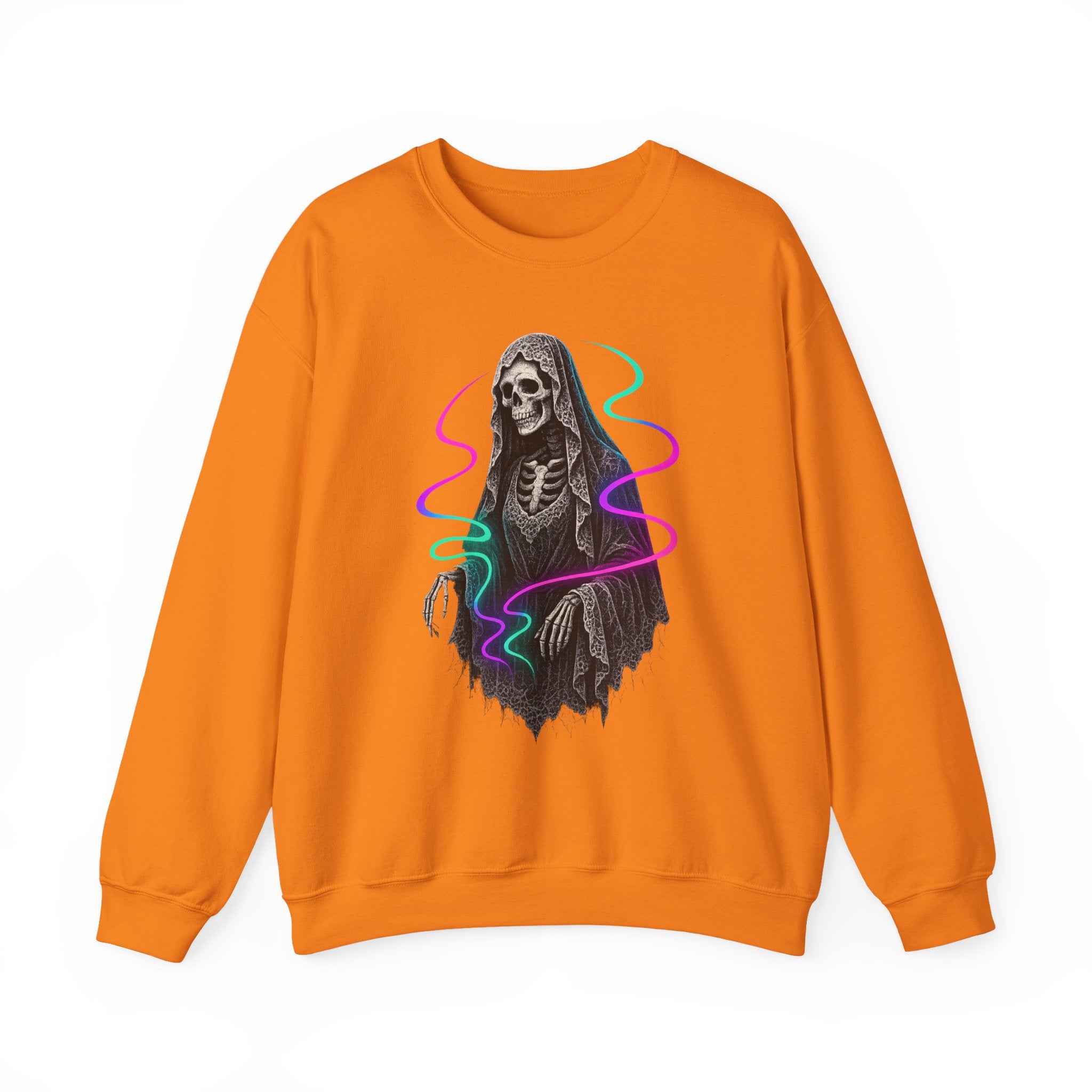 Neon Lace-Cloaked Skeleton Halloween Sweatshirt