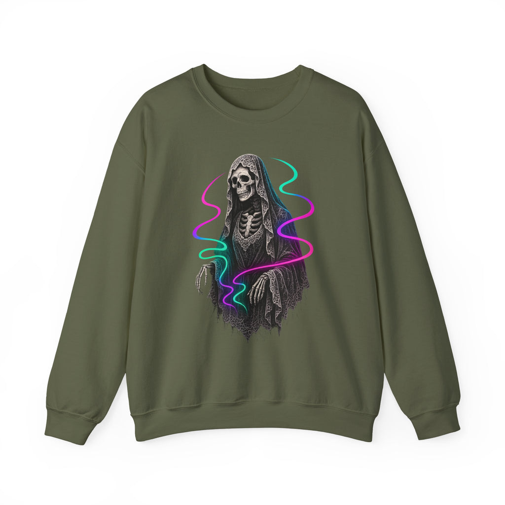 Neon Lace-Cloaked Skeleton Halloween Sweatshirt