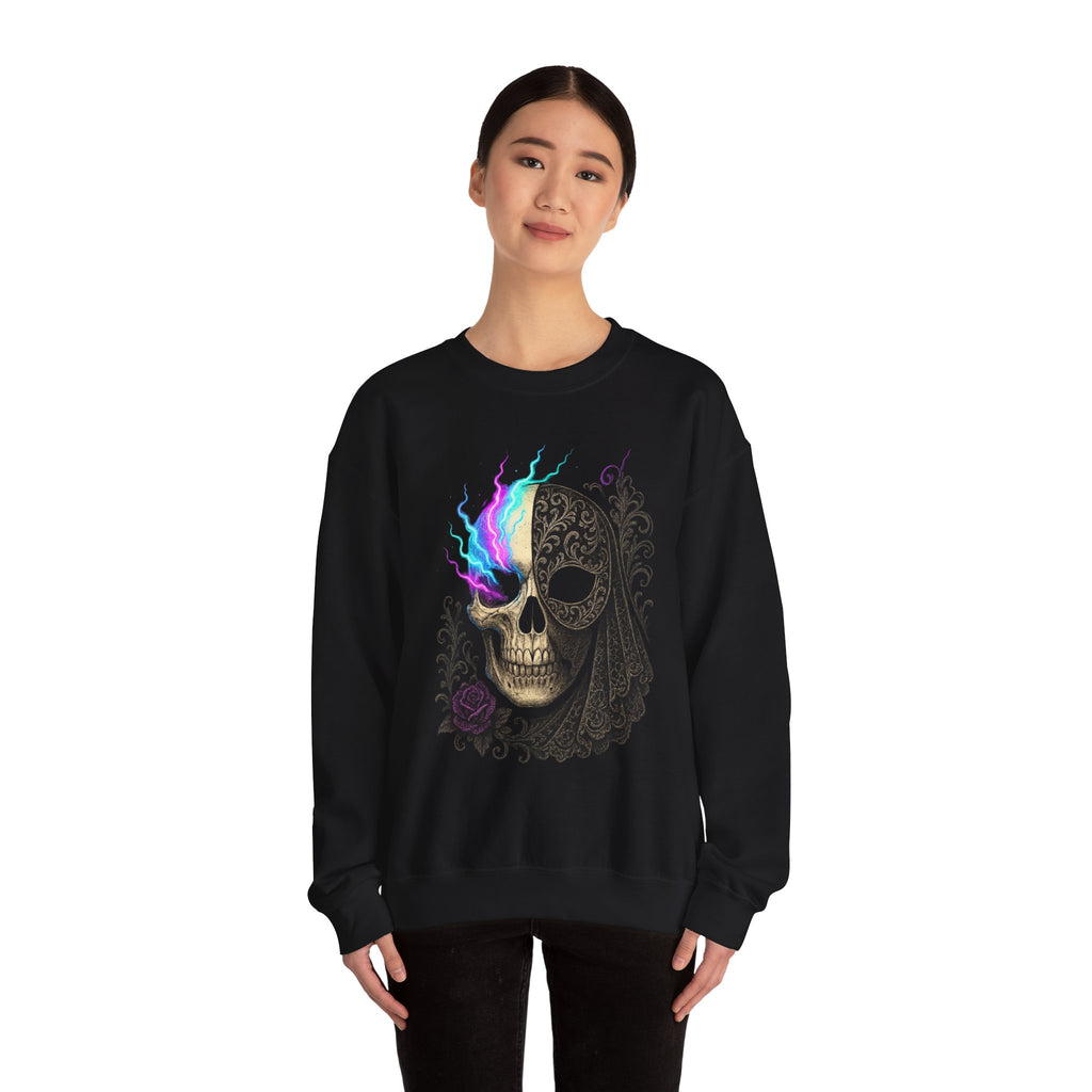Halloween Sweatshirt – Gothic Neon Masked Illusion