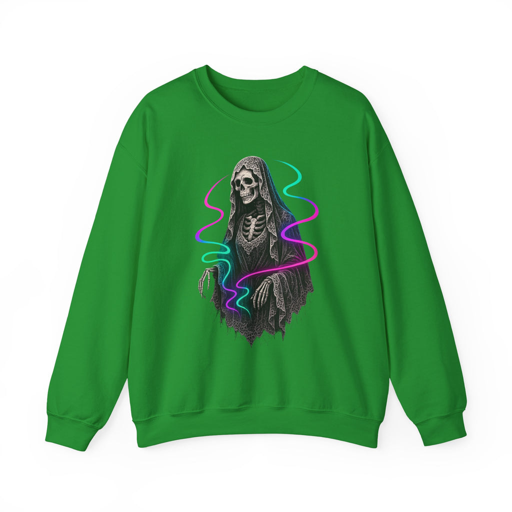 Neon Lace-Cloaked Skeleton Halloween Sweatshirt