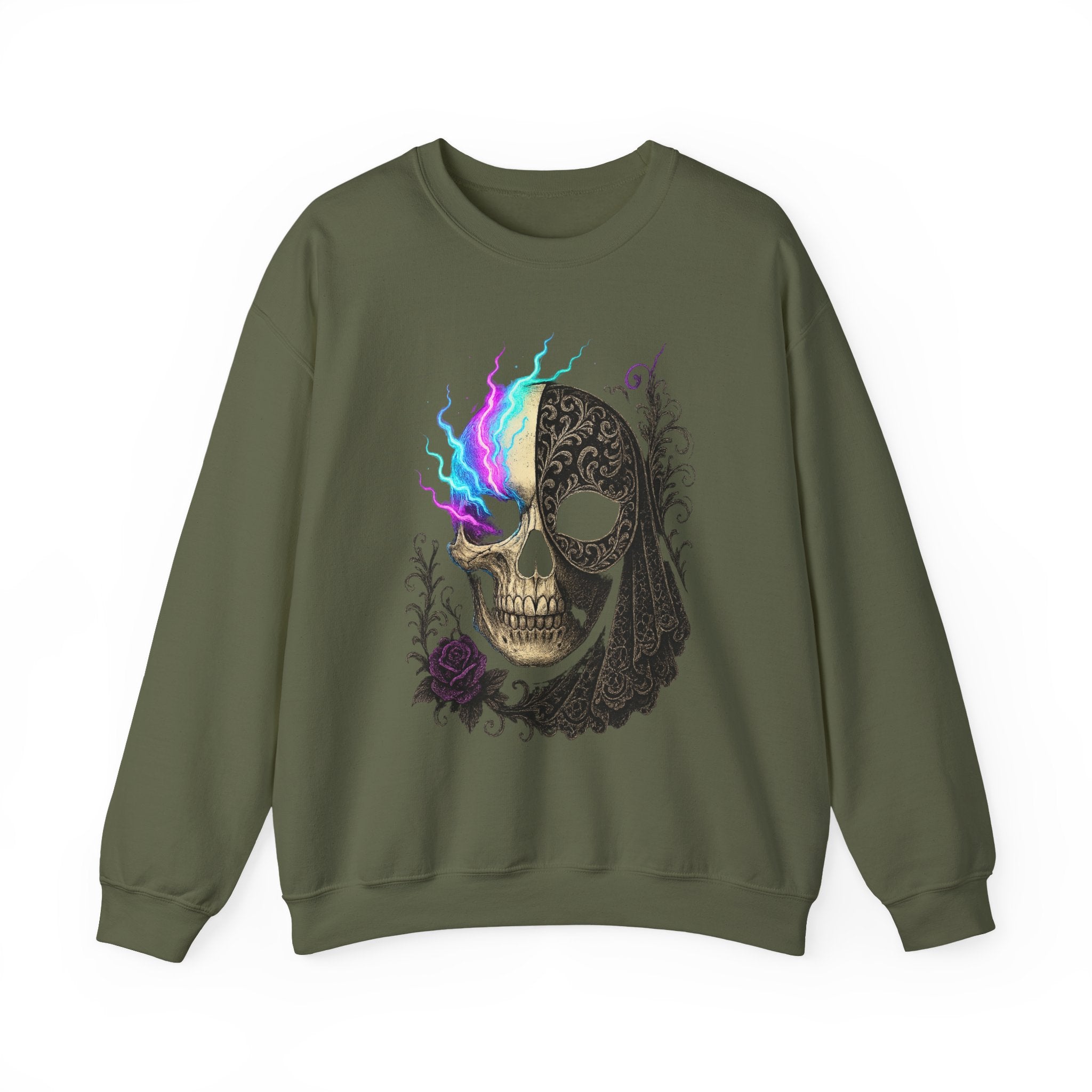 Halloween Sweatshirt – Gothic Neon Masked Illusion