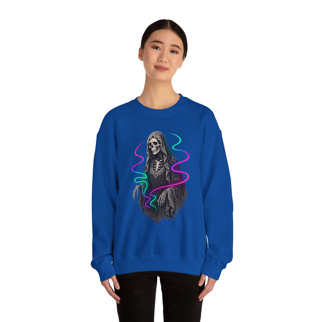 Neon Lace-Cloaked Skeleton Halloween Sweatshirt