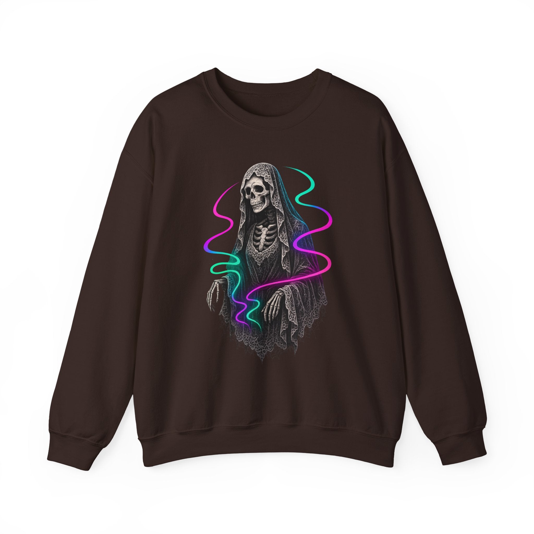 Neon Lace-Cloaked Skeleton Halloween Sweatshirt