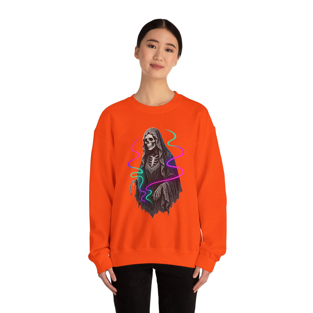 Neon Lace-Cloaked Skeleton Halloween Sweatshirt