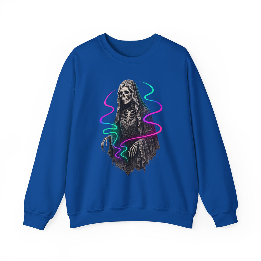 Neon Lace-Cloaked Skeleton Halloween Sweatshirt