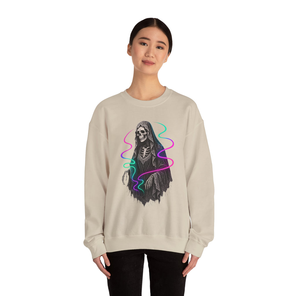 Neon Lace-Cloaked Skeleton Halloween Sweatshirt