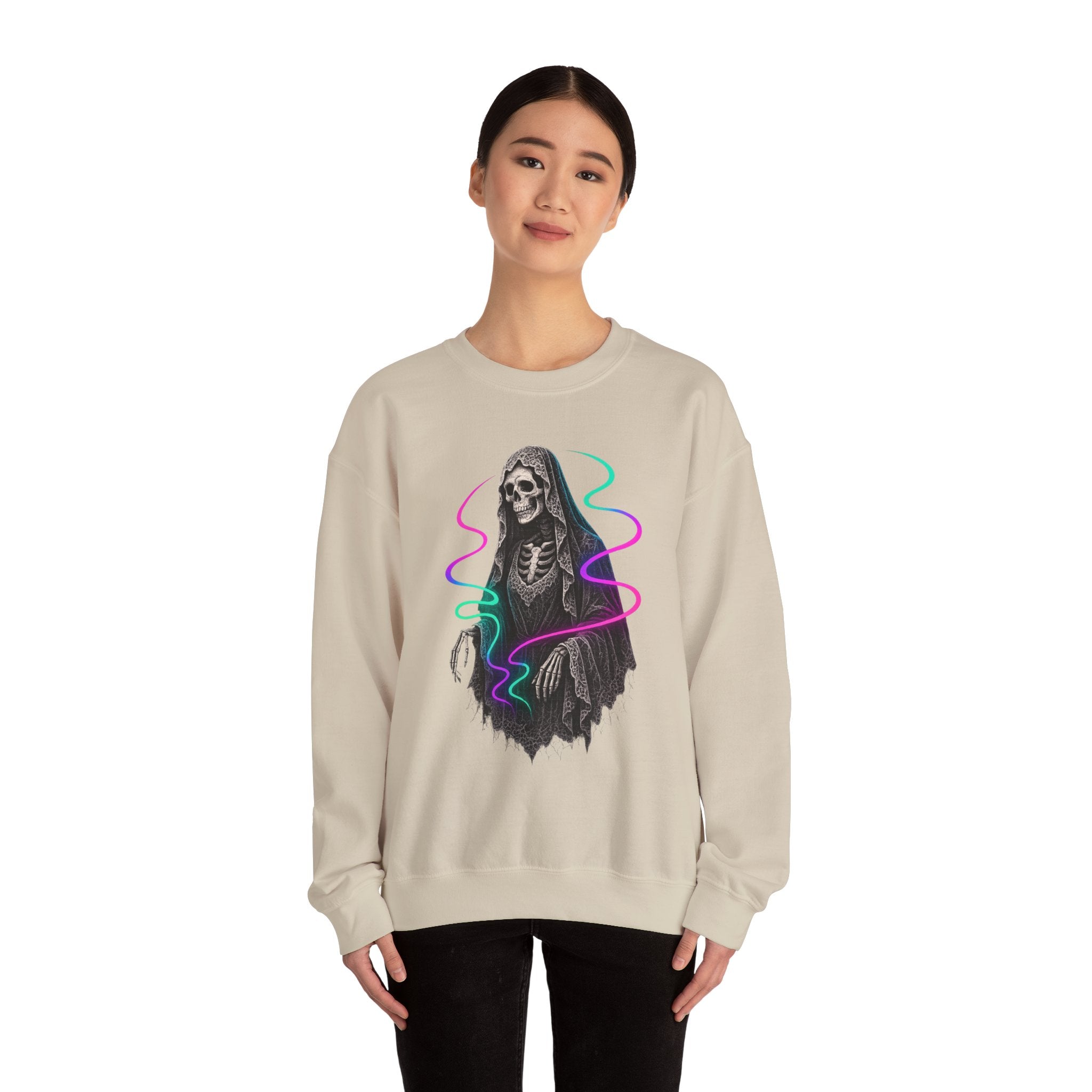 Neon Lace-Cloaked Skeleton Halloween Sweatshirt