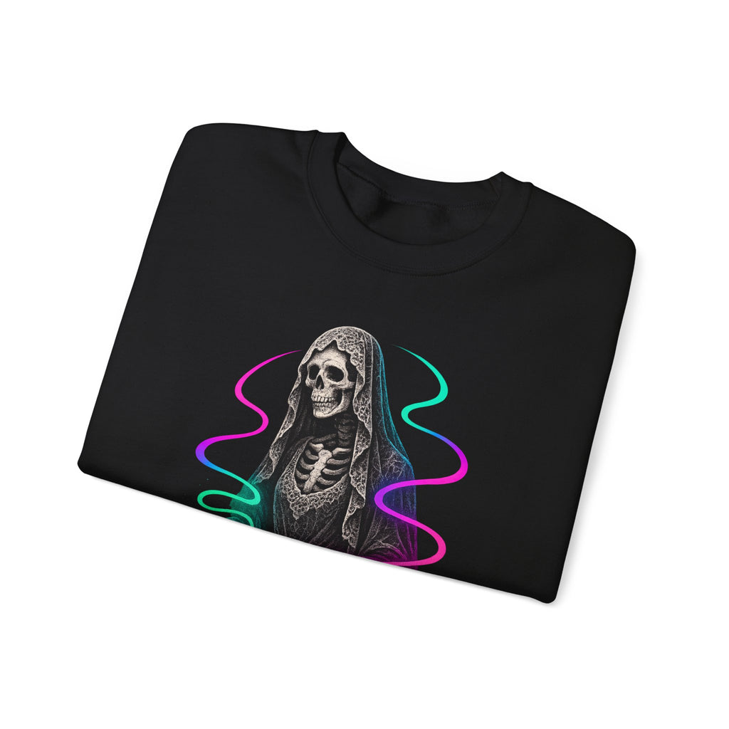Neon Lace-Cloaked Skeleton Halloween Sweatshirt