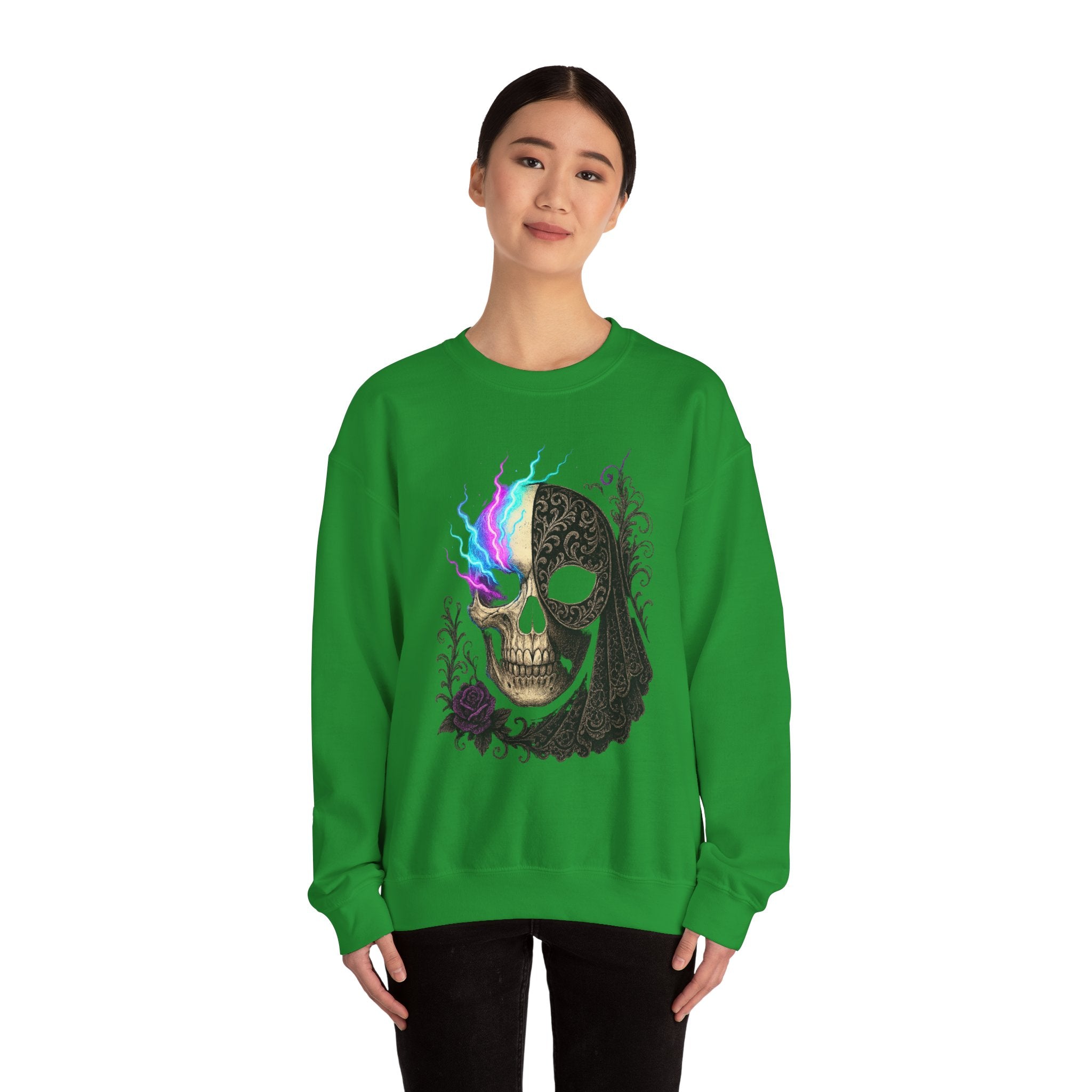 Halloween Sweatshirt – Gothic Neon Masked Illusion