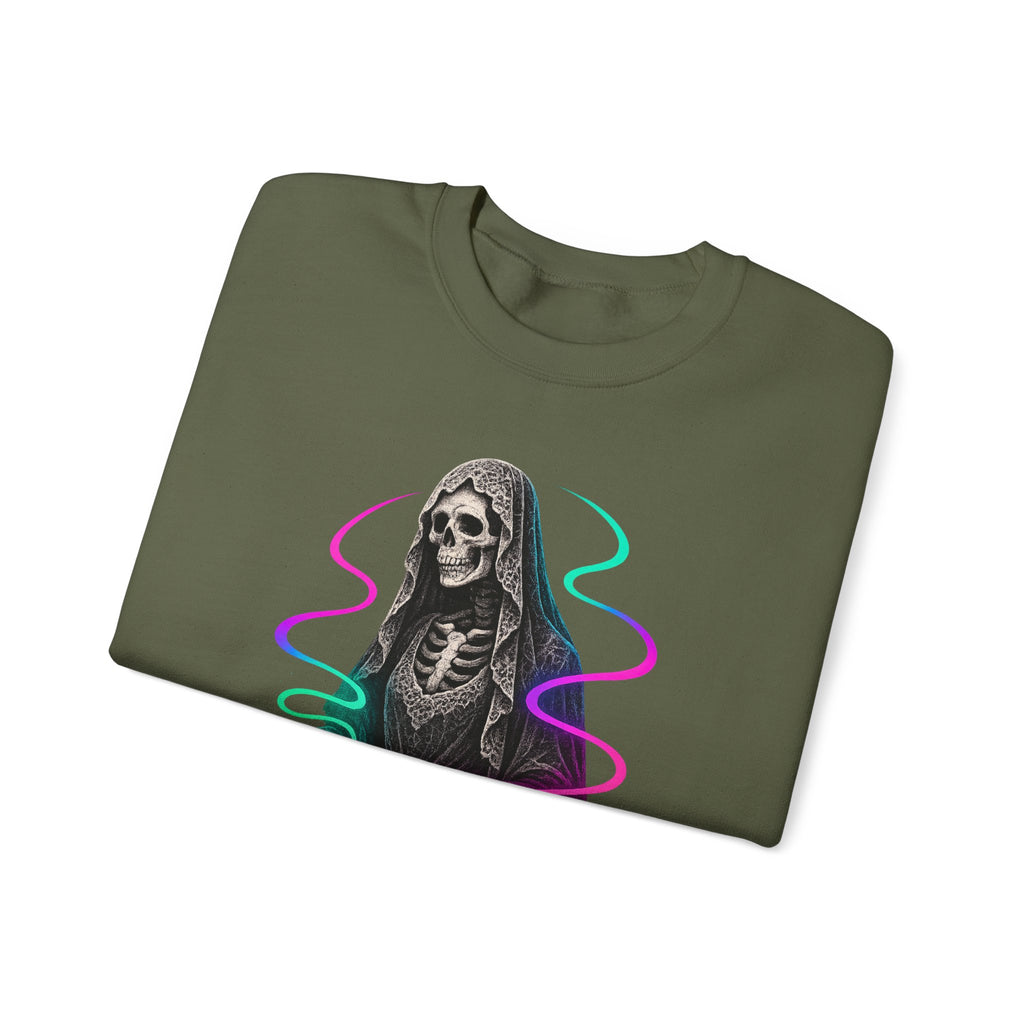 Neon Lace-Cloaked Skeleton Halloween Sweatshirt