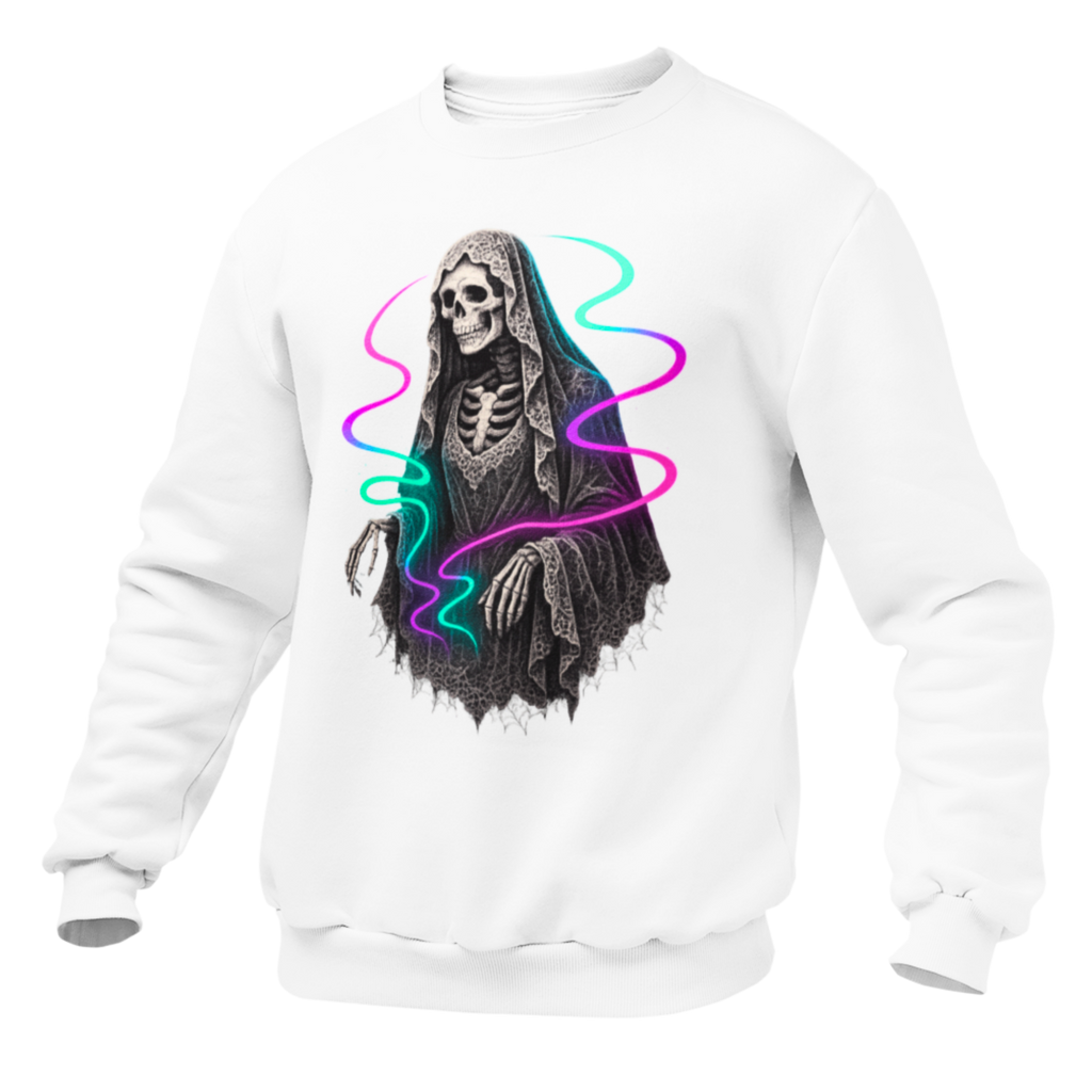 Neon Lace-Cloaked Skeleton Halloween Sweatshirt
