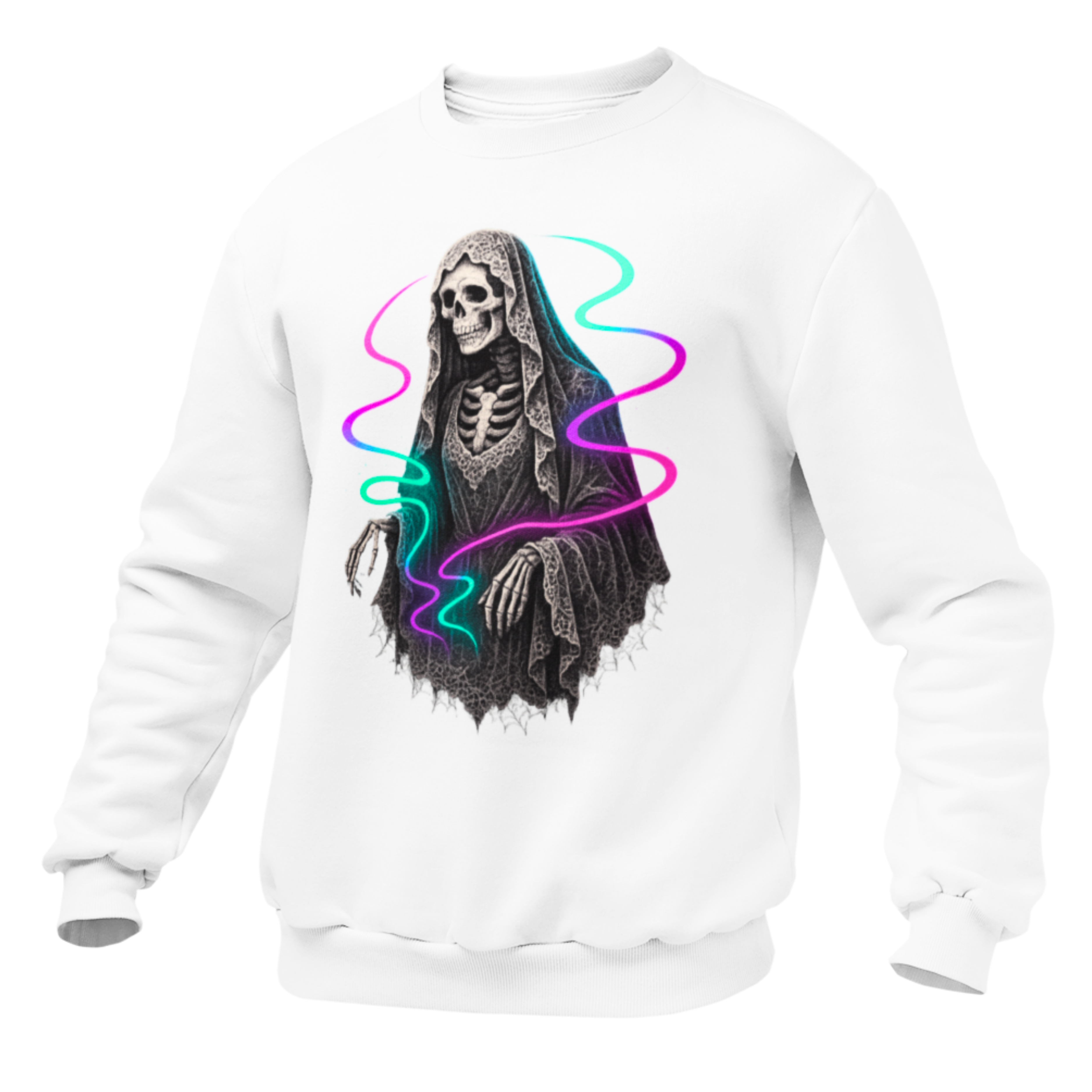 Neon Lace-Cloaked Skeleton Halloween Sweatshirt